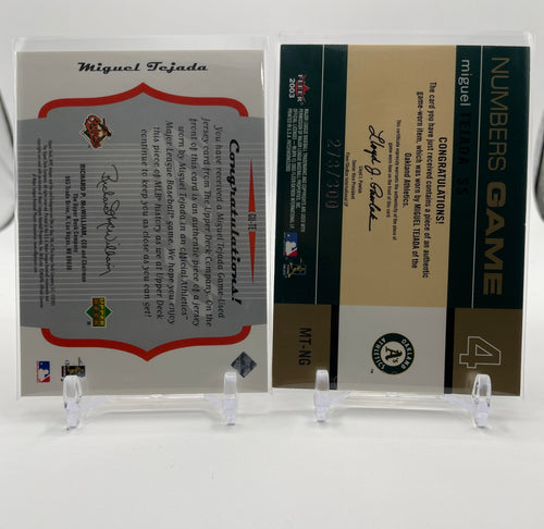 2005 Upper Deck MVP Miguel Tejada Patch + 2003 Fleer Numbers Game SP Patch /300