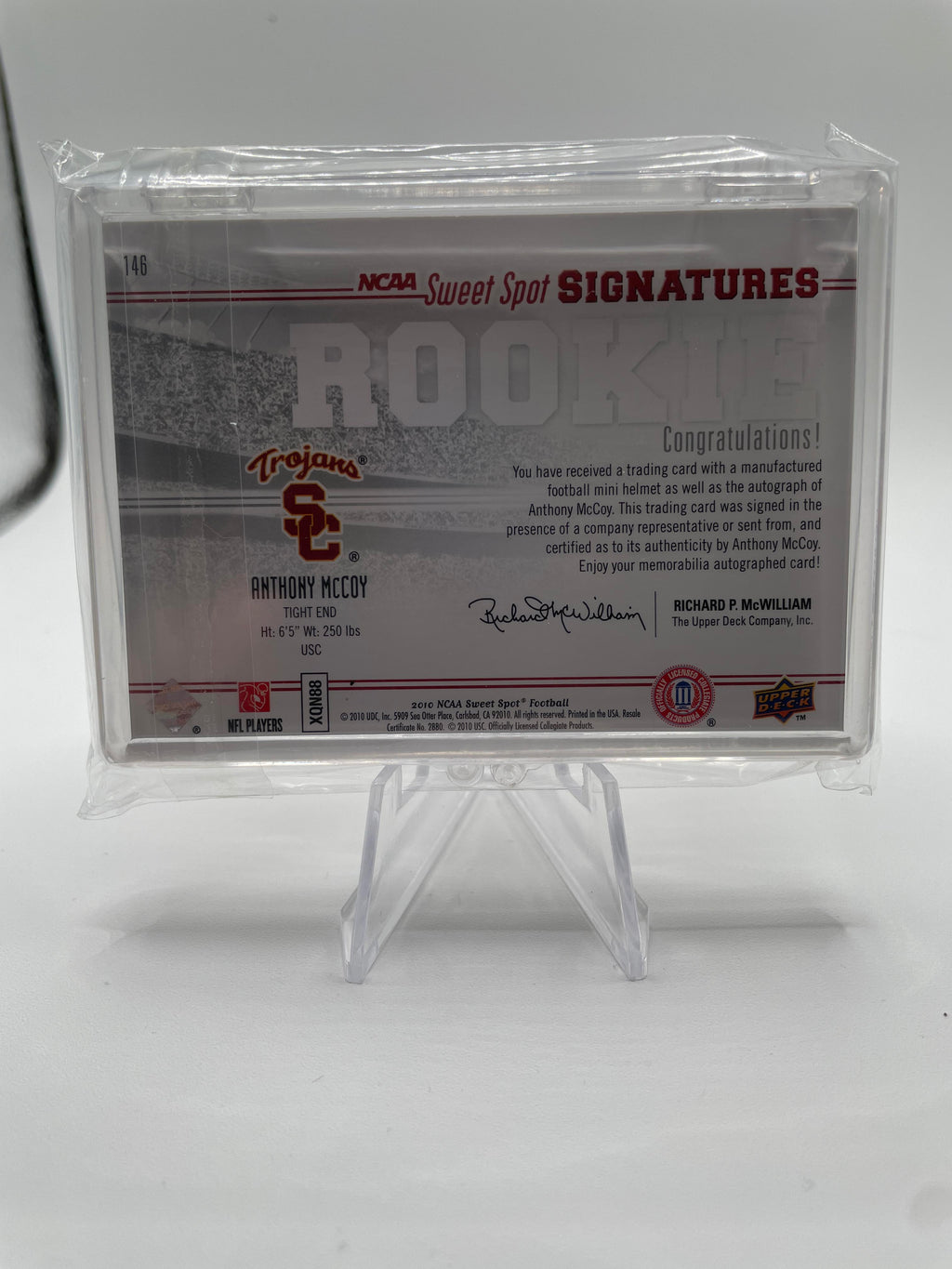 2010 Upper Deck NCAA Sweet Spot Anthony McCoy Rookie Helmet Auto /200