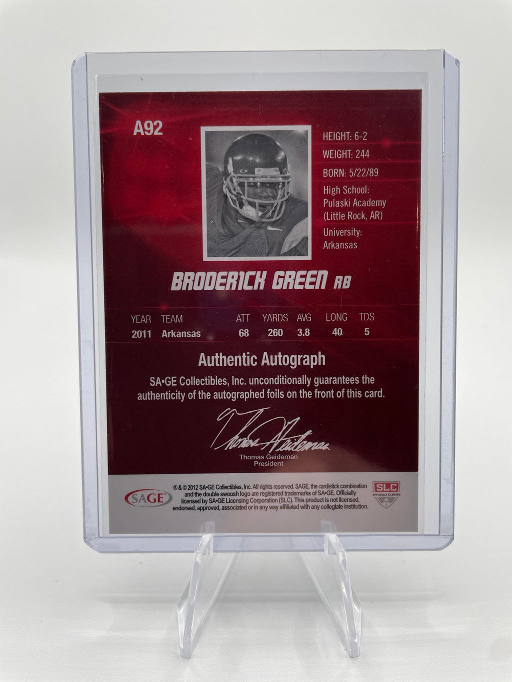 2012 Sage Hit Broderick Green Rookie Auto #A92