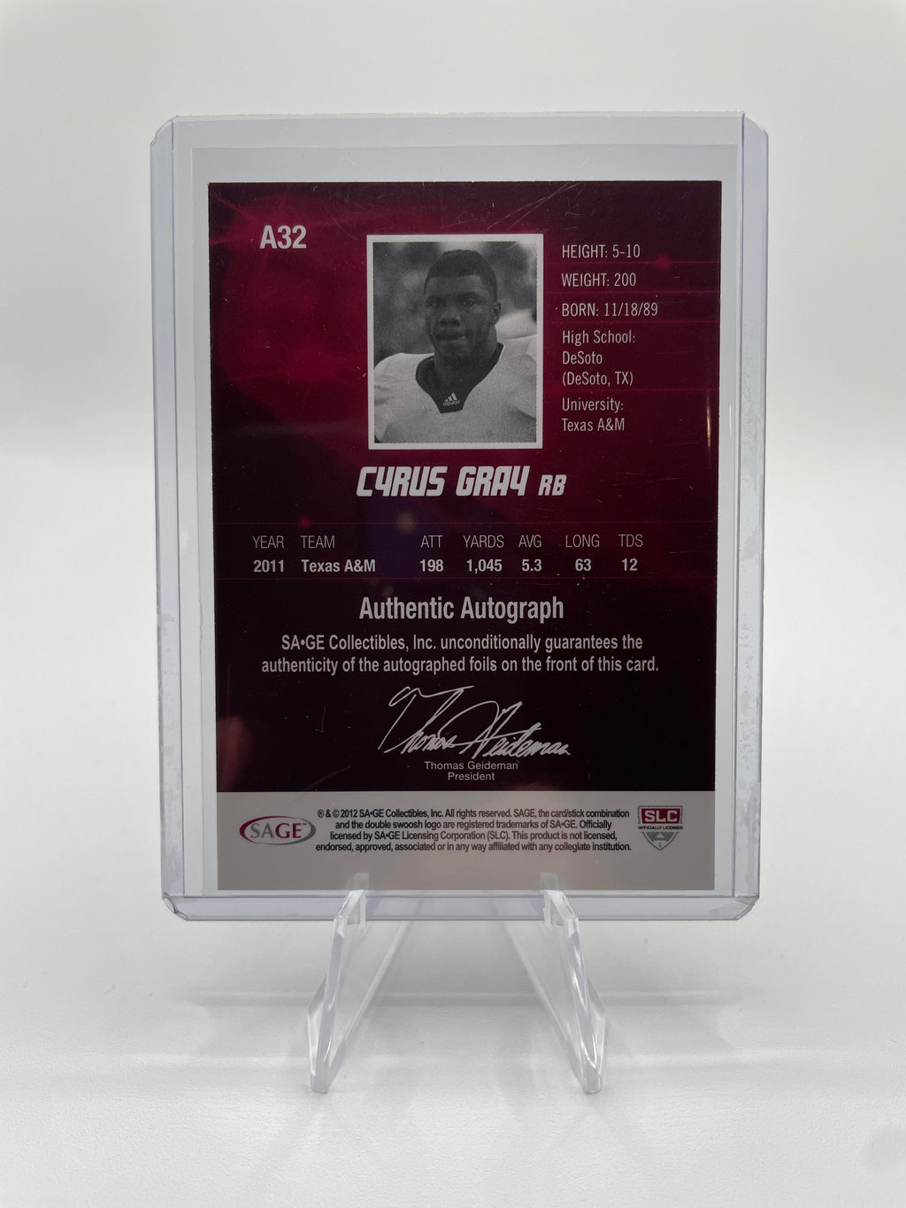 2012 Sage Hit Cyrus Gray Gold Rookie Auto /250 #A32