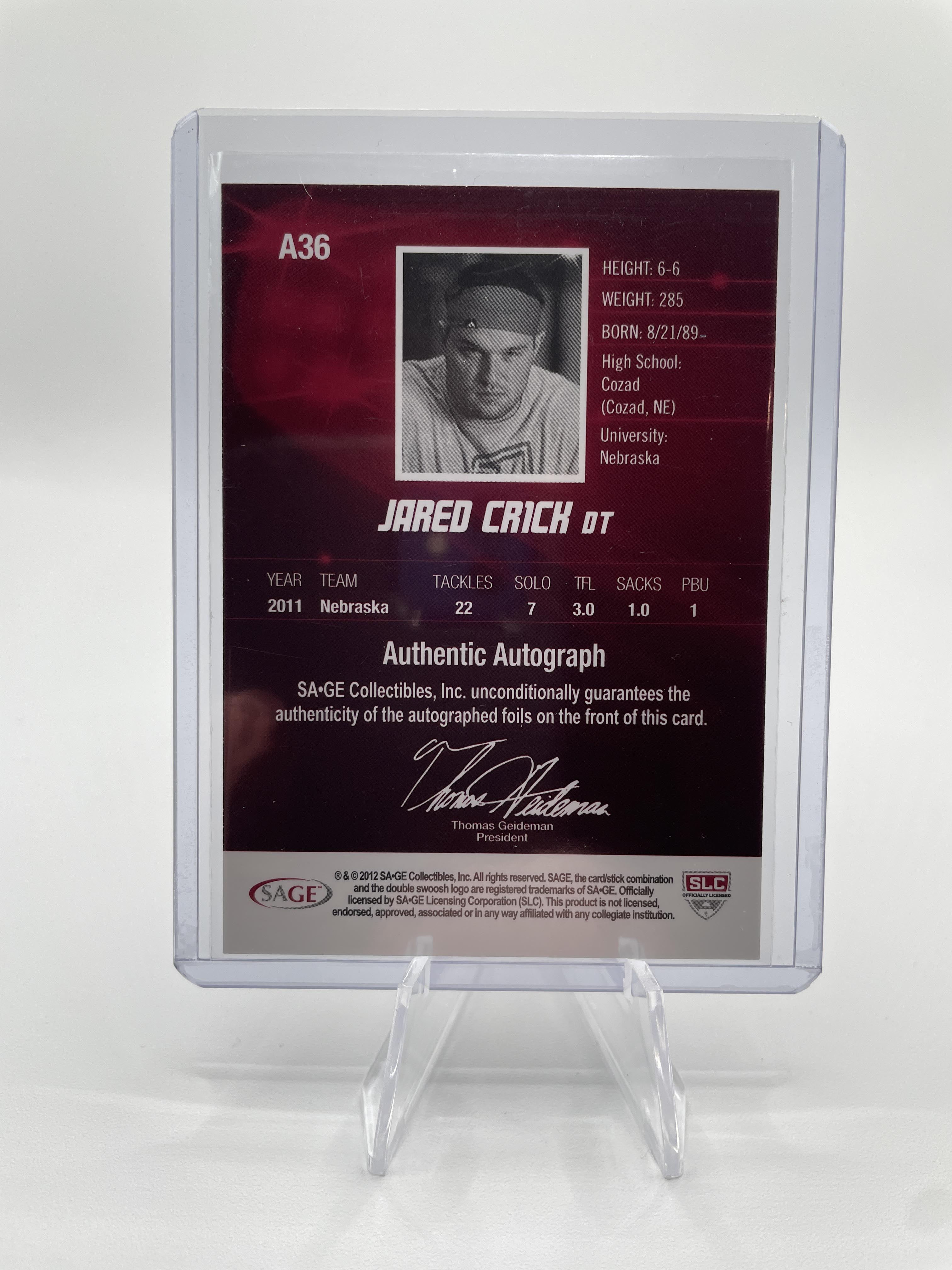 2012 Sage Hit Jared Crick Gold Rookie Auto /250 #A36