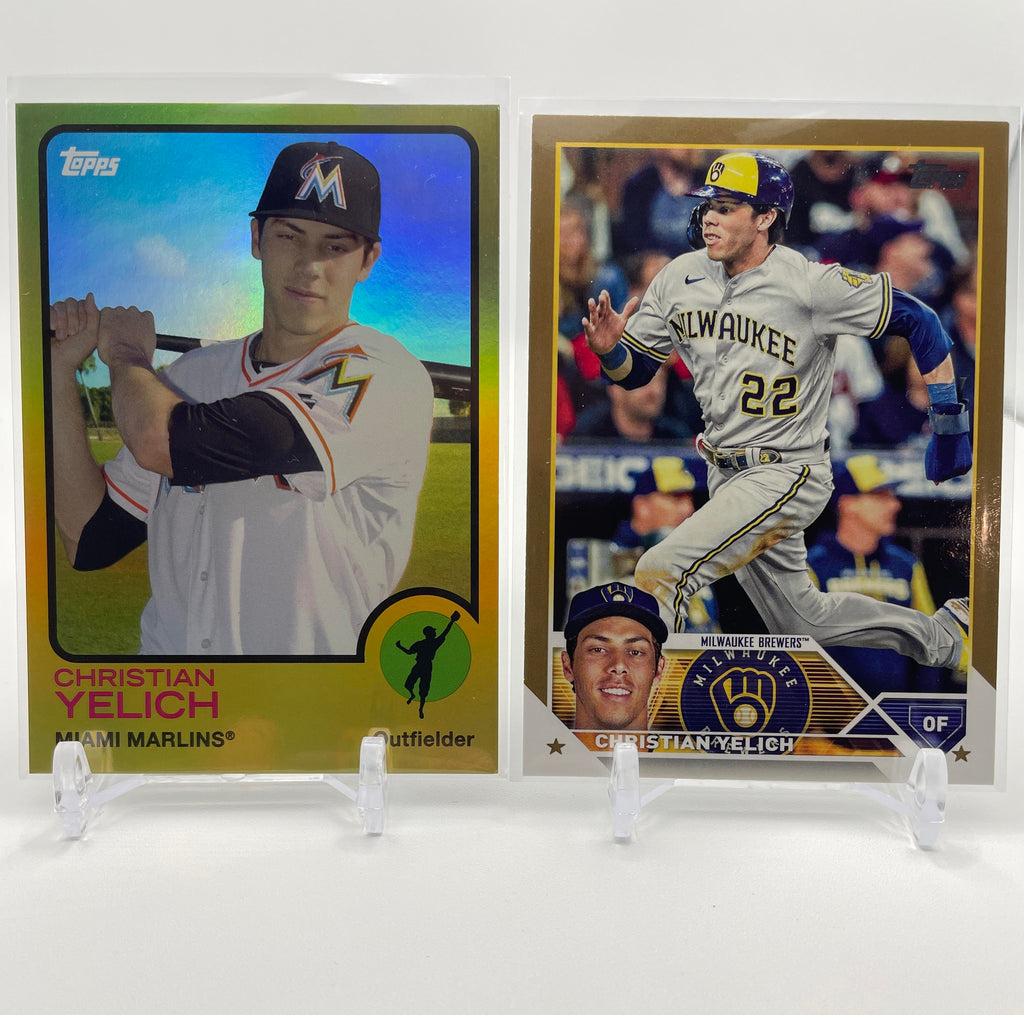 2014 Topps Archives Christian Yelich Gold /199 + 2023 Topps Series 1 Gold /2023