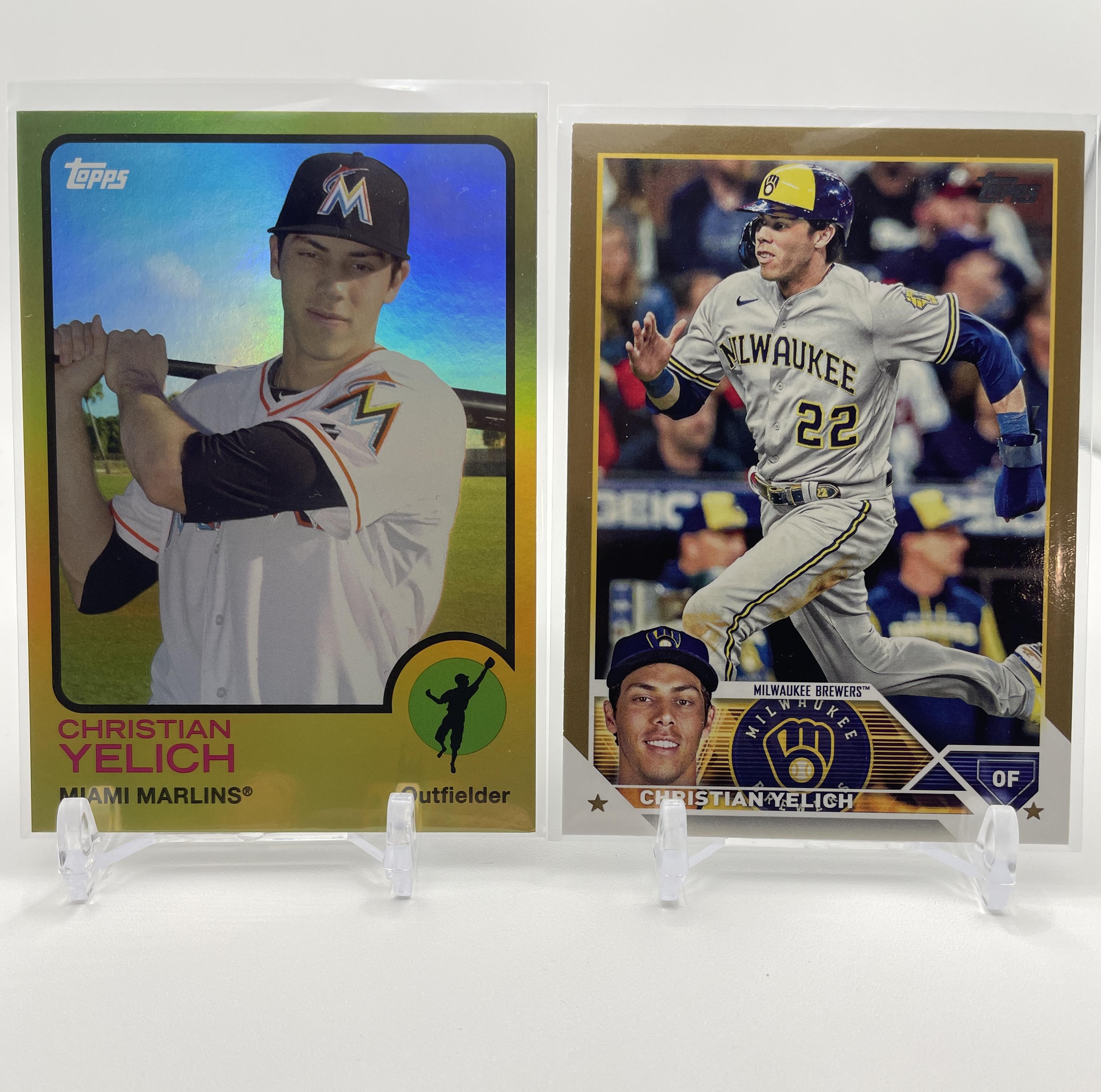 2014 Topps Archives Christian Yelich Gold /199 + 2023 Topps Series 1 Gold /2023