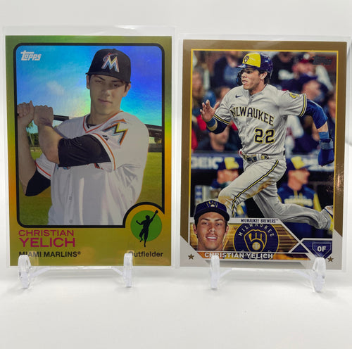 2014 Topps Archives Christian Yelich Gold /199 + 2023 Topps Series 1 Gold /2023