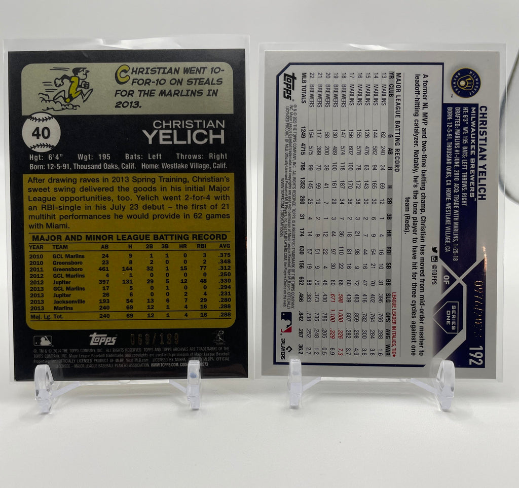 2014 Topps Archives Christian Yelich Gold /199 + 2023 Topps Series 1 Gold /2023