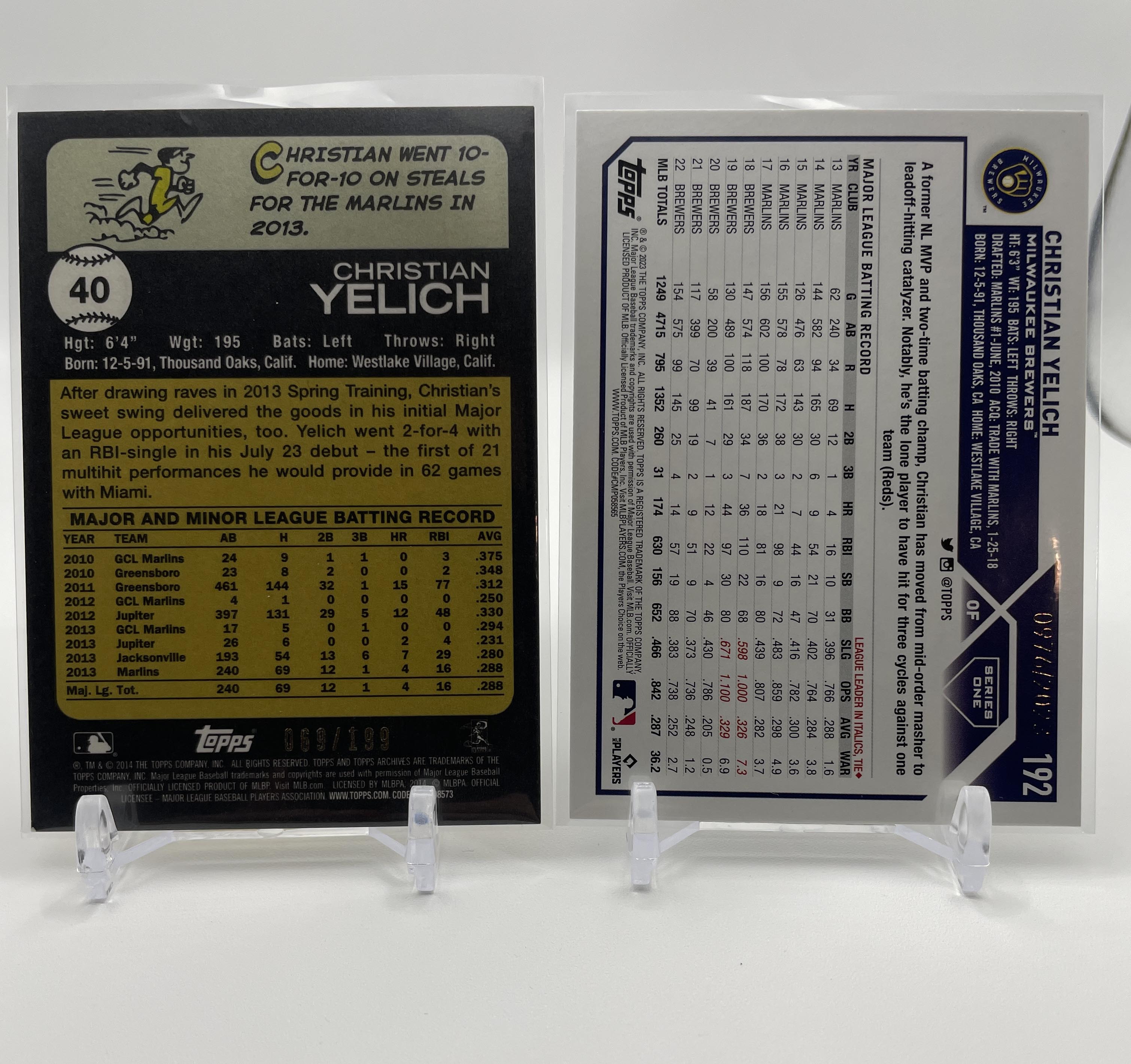 2014 Topps Archives Christian Yelich Gold /199 + 2023 Topps Series 1 Gold /2023