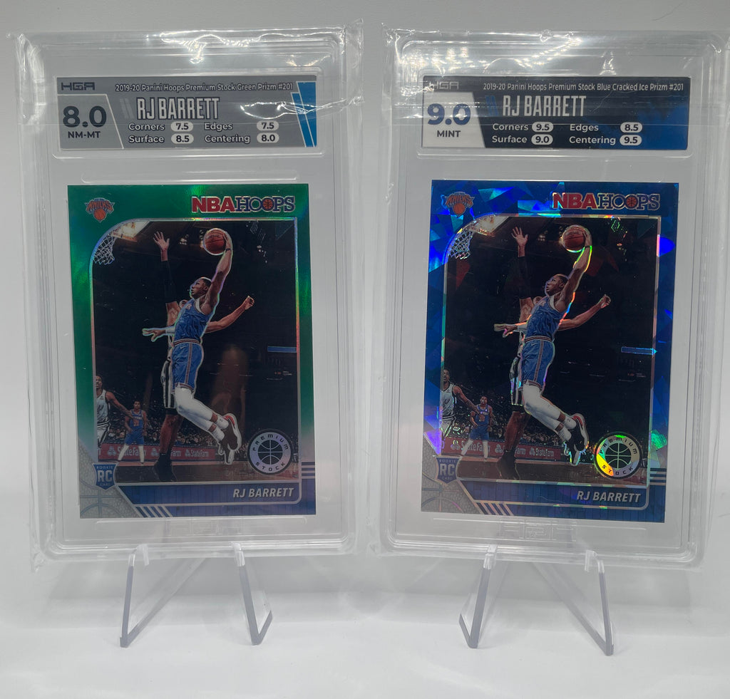 2018-19 Panini Hoops Premium RJ Barrett Rookie Blue Prizm HGA 9 + Green HGA 8