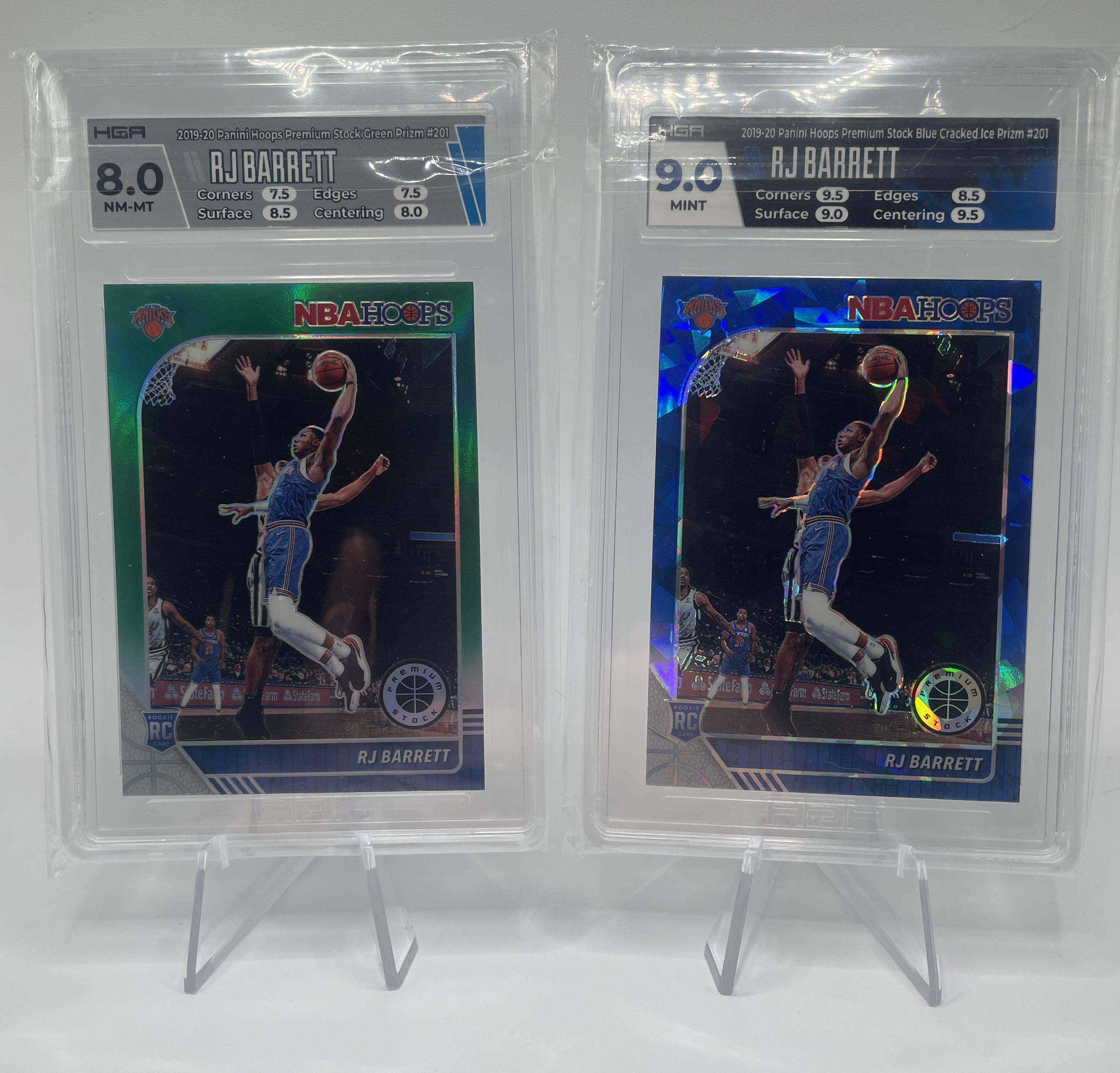 2018-19 Panini Hoops Premium RJ Barrett Rookie Blue Prizm HGA 9 + Green HGA 8