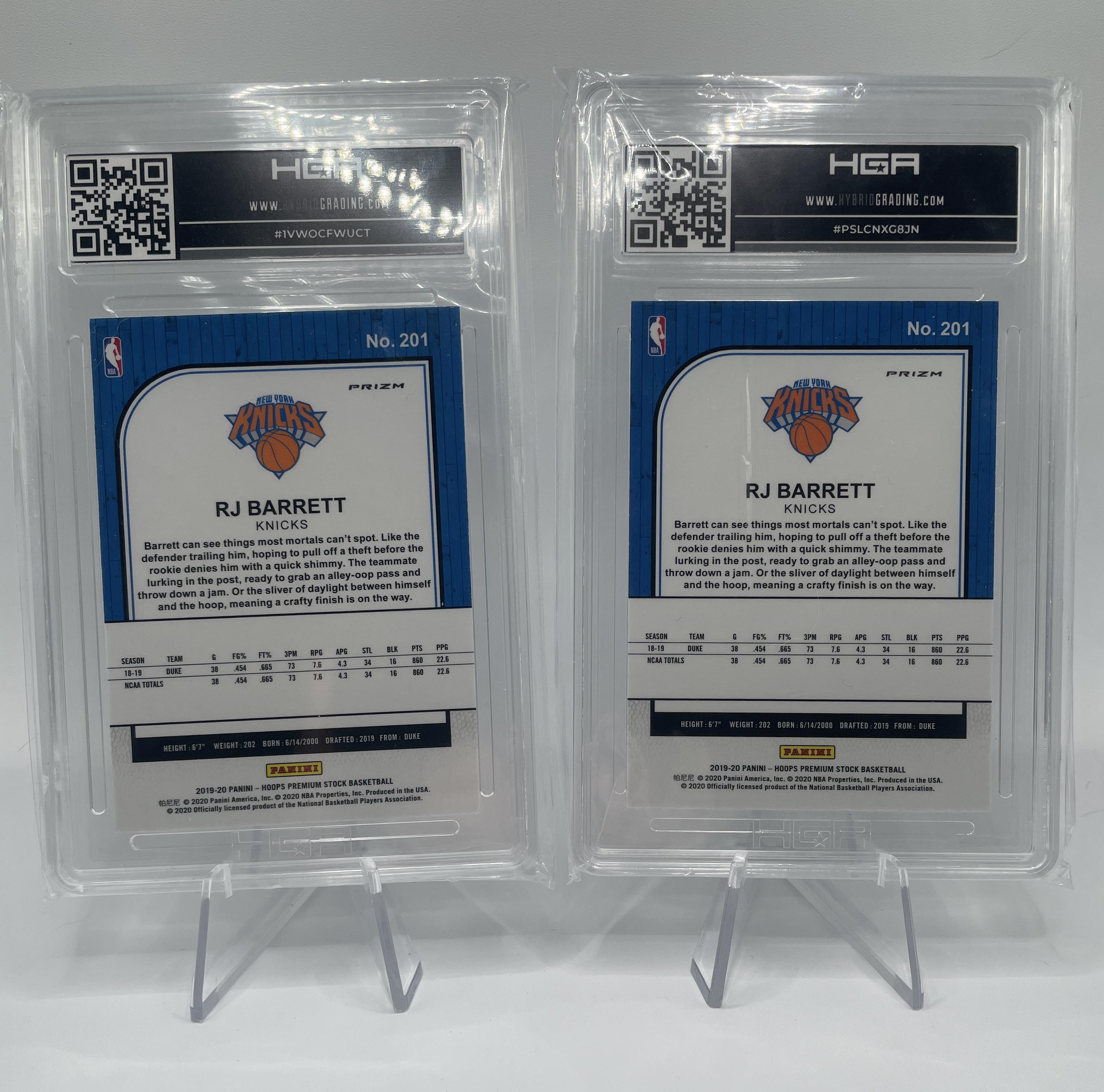 2018-19 Panini Hoops Premium RJ Barrett Rookie Blue Prizm HGA 9 + Green HGA 8
