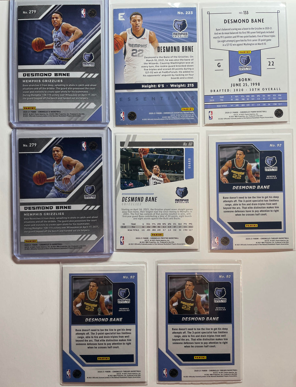 2020-21 Panini Chronicles Desmond Bane XR Holo + Essentials Rookie Set (x8)