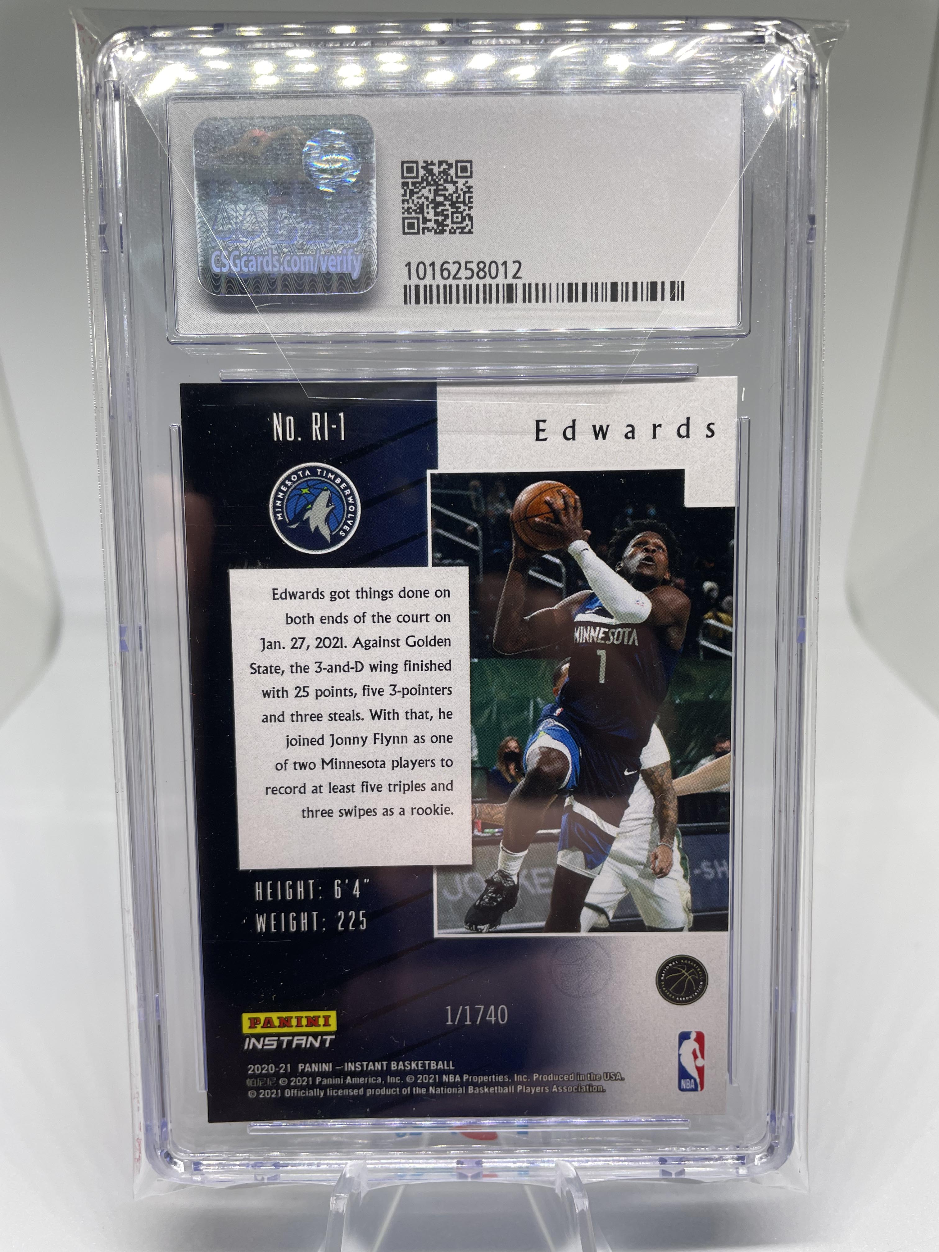 2020-21 Panini Instant Anthony Edwards Rookie Impulse SP 1740 CSG 9.5 POP 1