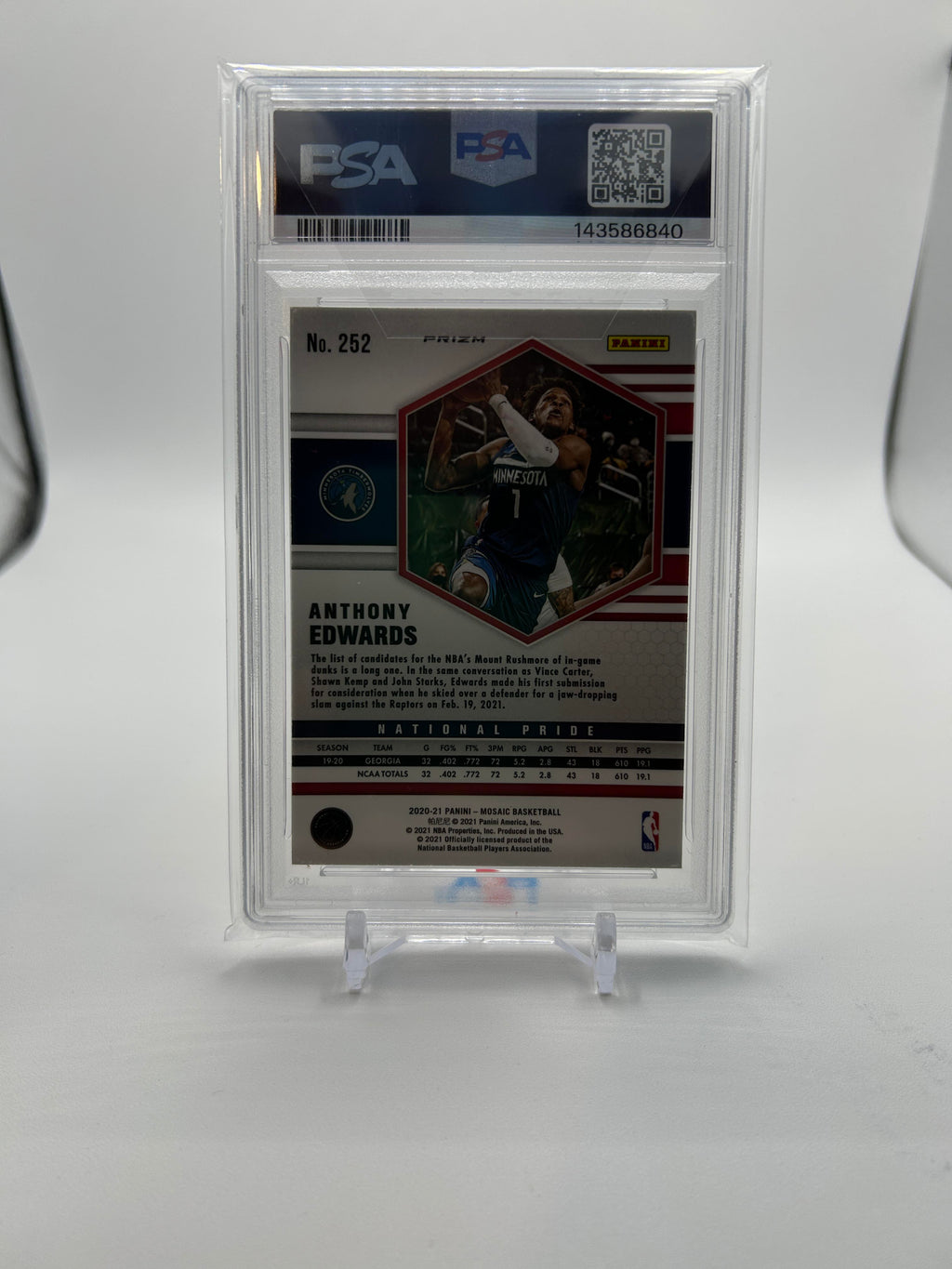2020-21 Panini Mosaic Anthony Edwards Camo Pink Prizm Rookie PSA 9 MINT