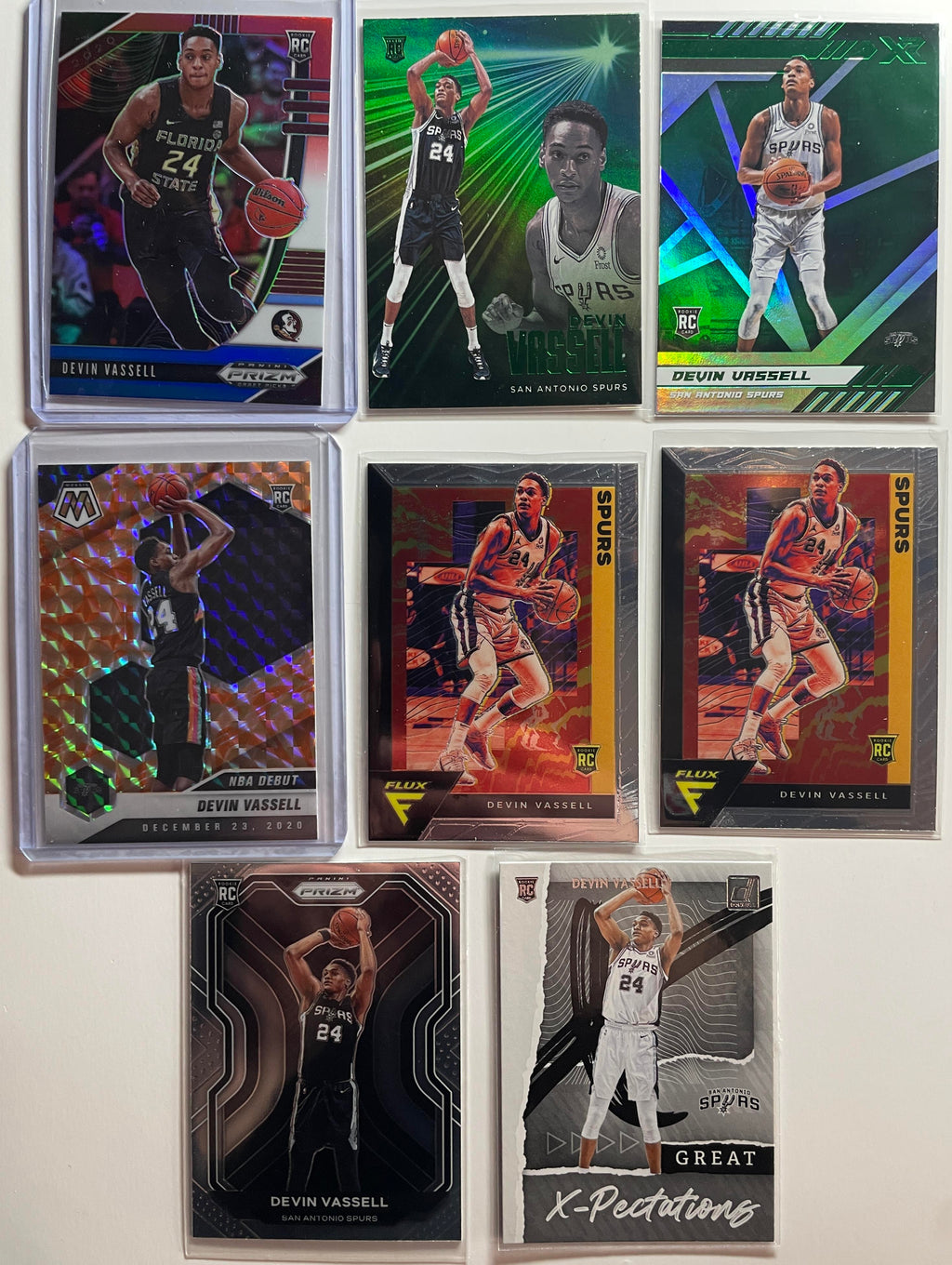 2020-21 Panini Mosaic Devin Vassell Orange Prizm + RWB Prizm + SP Rookie Set (8)