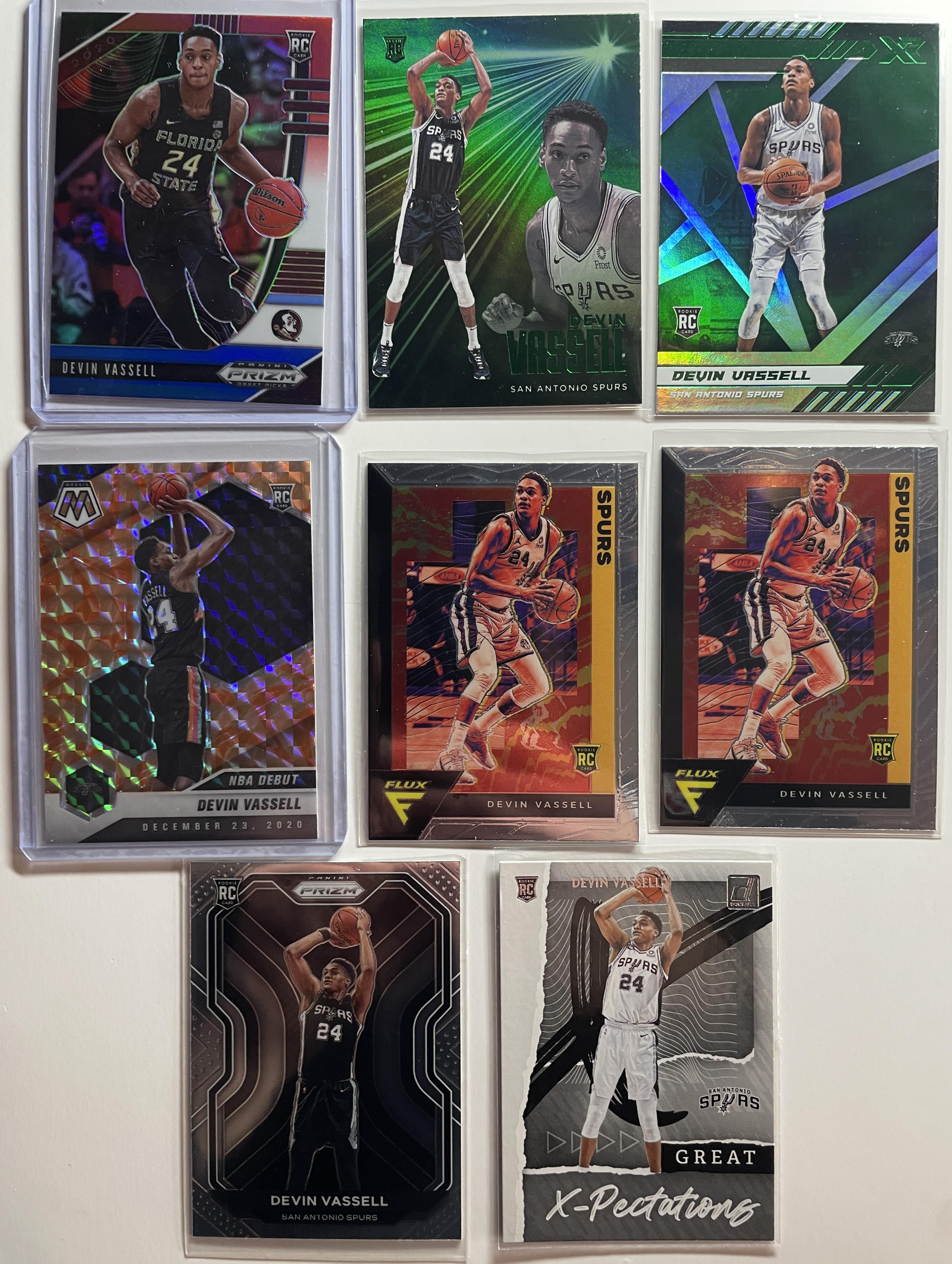 2020-21 Panini Mosaic Devin Vassell Orange Prizm + RWB Prizm + SP Rookie Set (8)