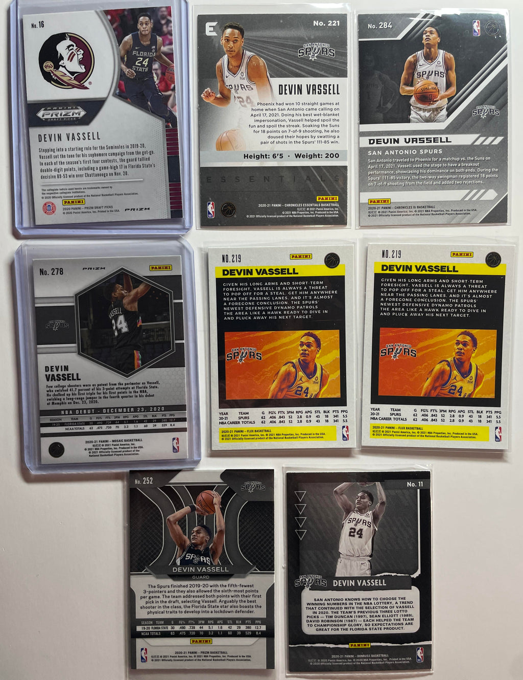 2020-21 Panini Mosaic Devin Vassell Orange Prizm + RWB Prizm + SP Rookie Set (8)