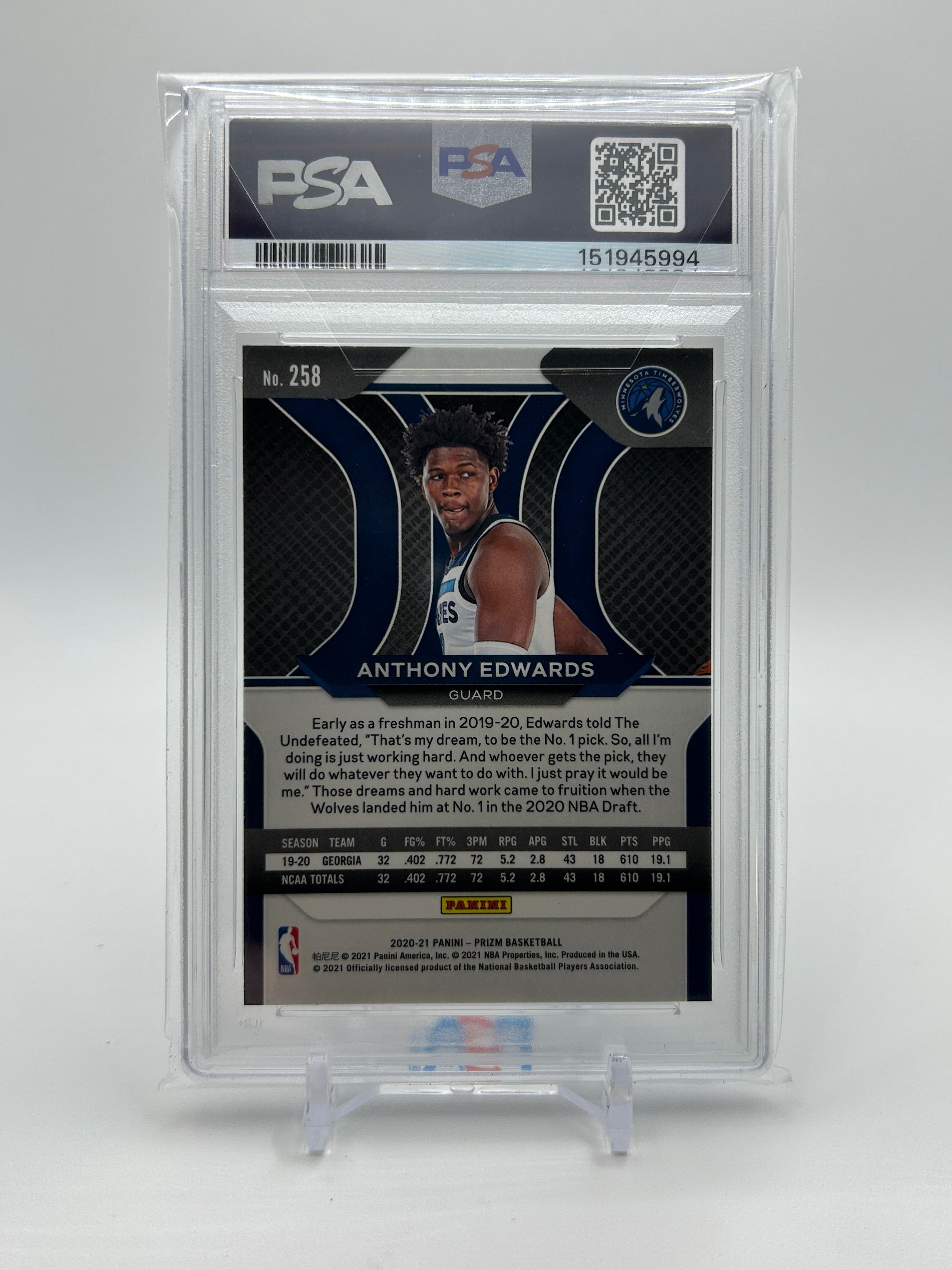 2020-21 Panini Prizm Anthony Edwards Rookie PSA 8 #258