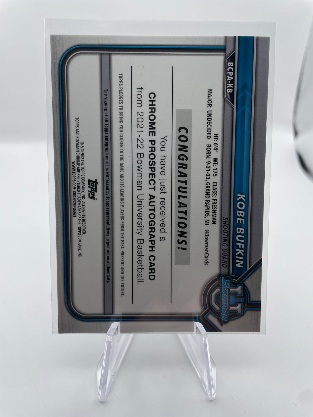 2021-22 Bowman University Chrome Kobe Bufkin Refractor Rookie Auto