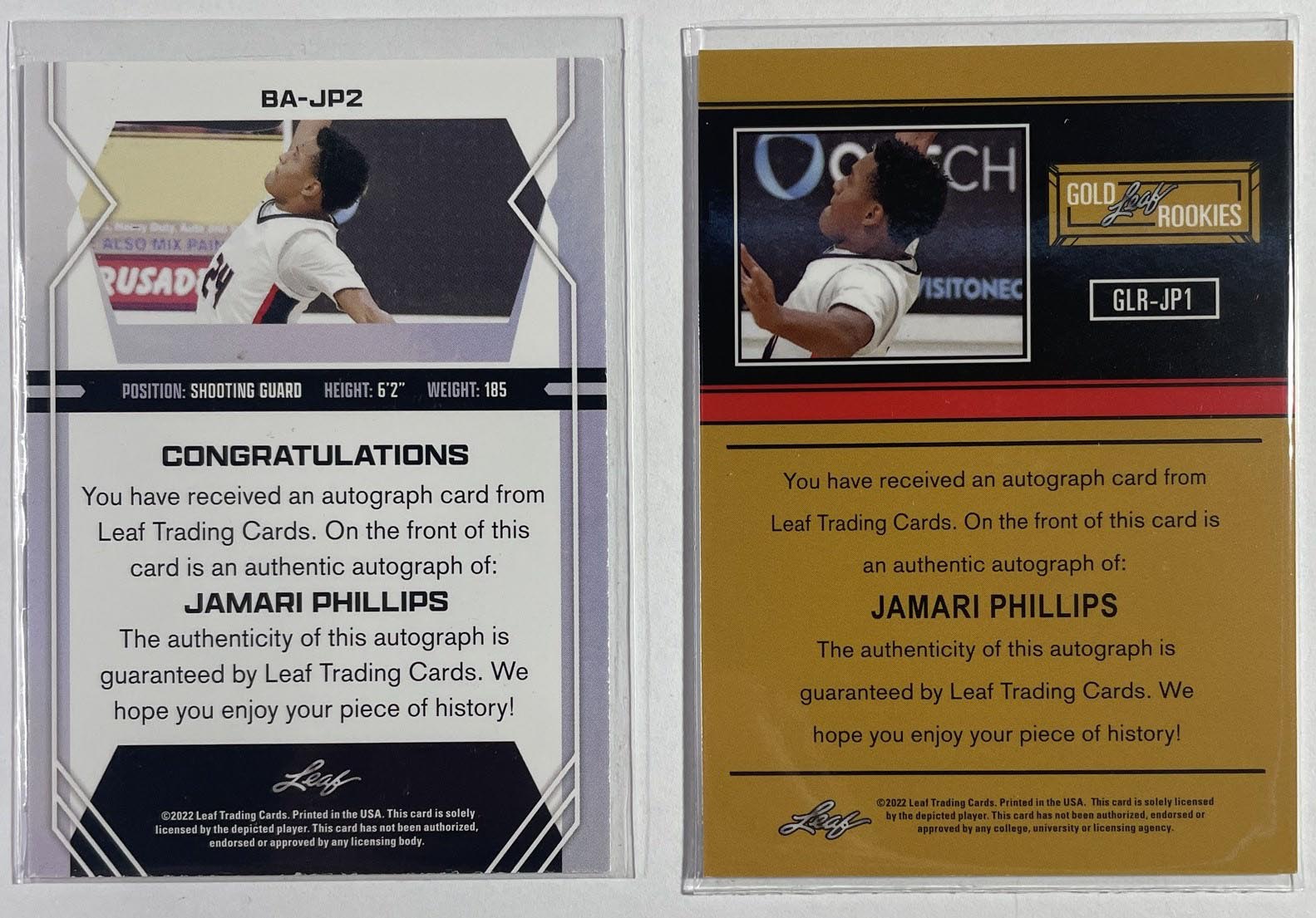 2021-22 Leaf Memories Jamari Phillips Bronze + Leaf Draft Blue Rookie Auto /30
