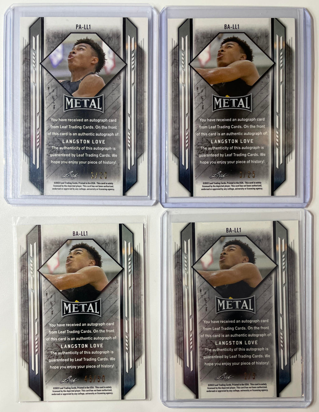 2021-22 Leaf Metal Langston Love Rookie Auto Set (x4) Black /5 Blue /20 /25 /50
