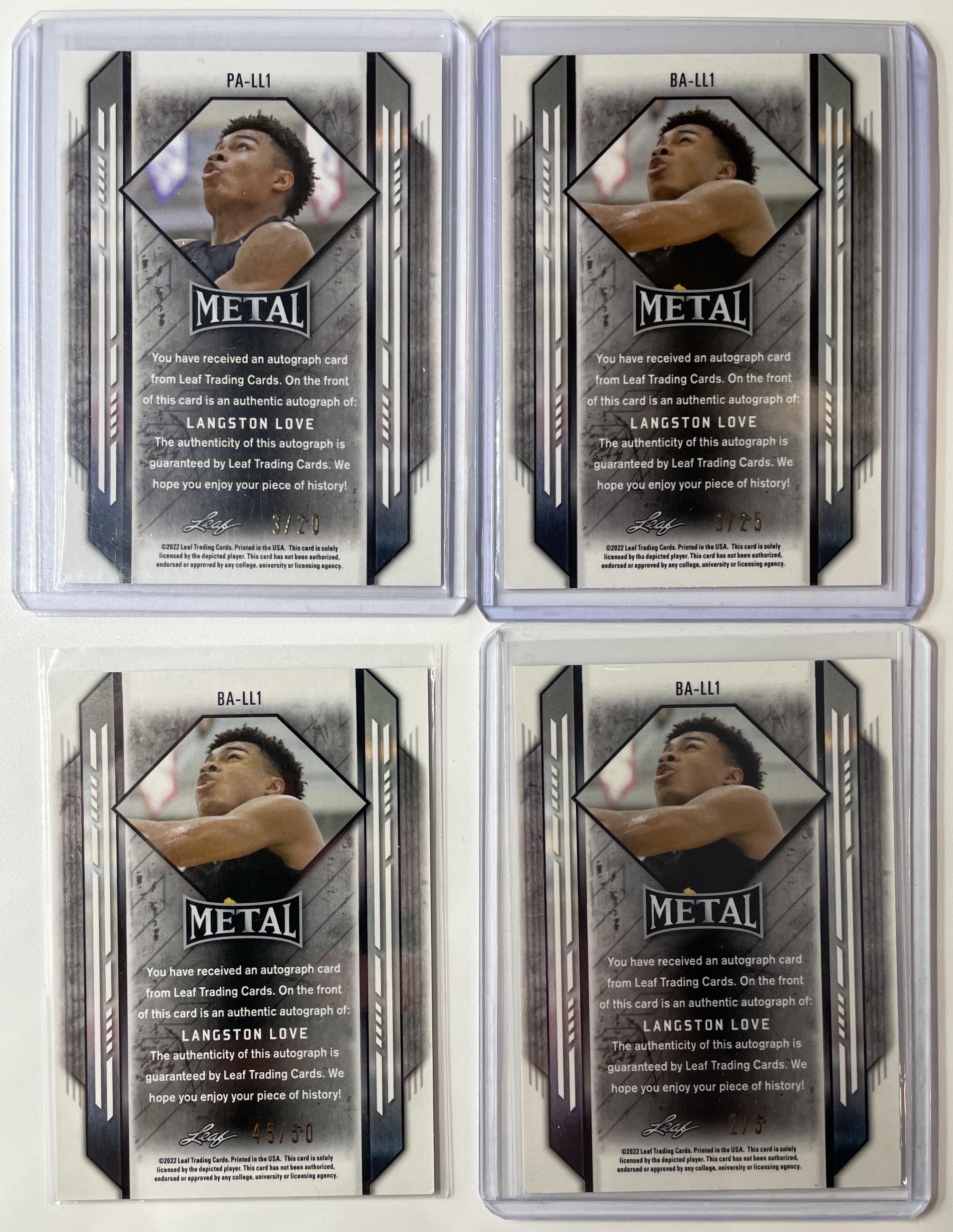 2021-22 Leaf Metal Langston Love Rookie Auto Set (x4) Black /5 Blue /20 /25 /50