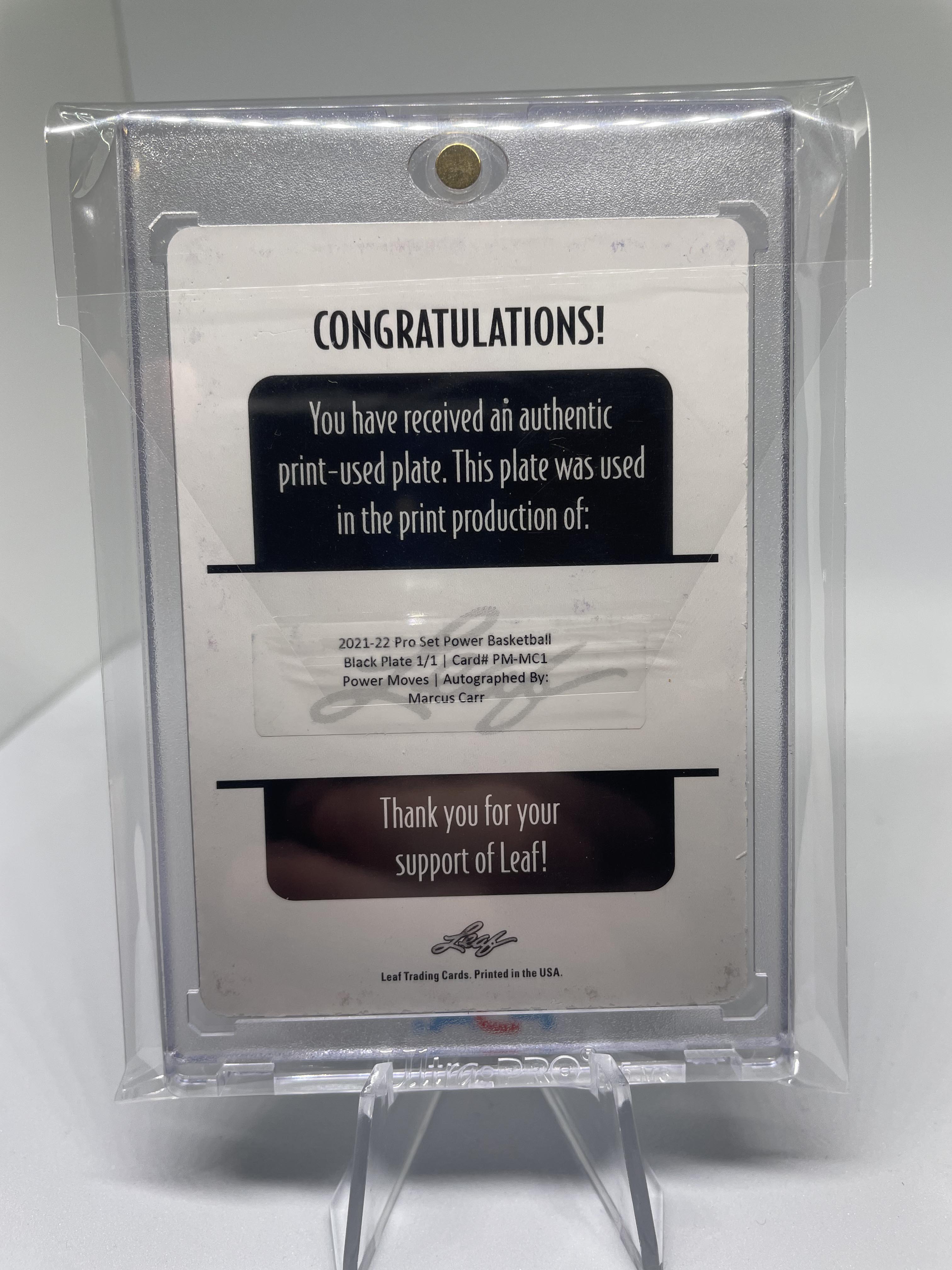2021-22 Leaf Pro Set Power Marcus Carr 1/1 Black Printing Plate Rookie Auto