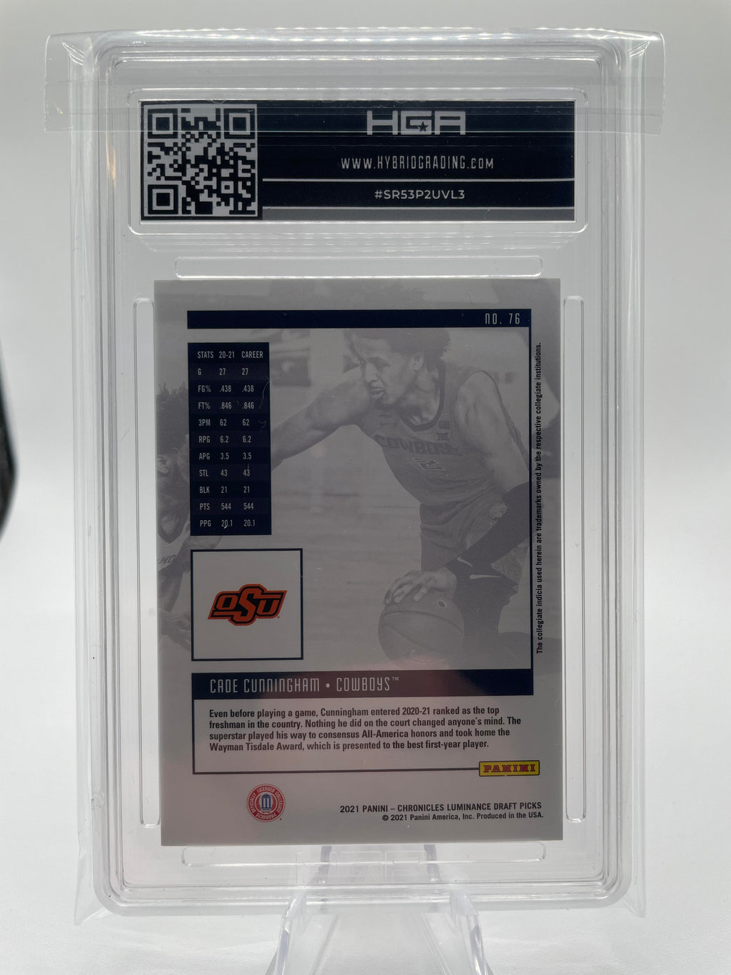 2021-22 Panini Chronicles Cade Cunningham Luminance Purple Rookie /49 HGA 9