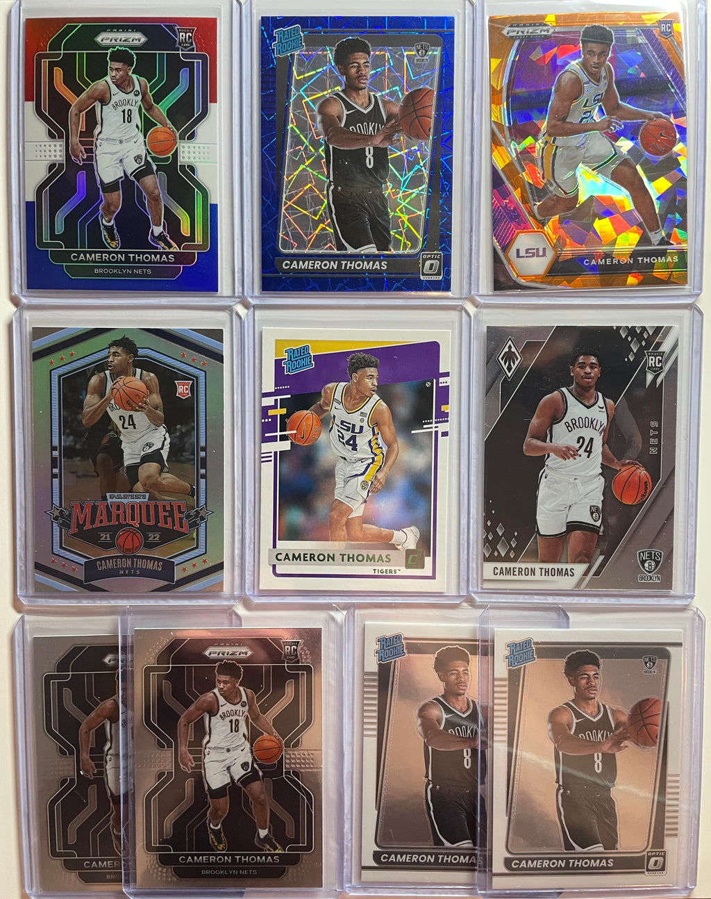 2021-22 Panini Prizm Cameron Thomas RWB + Optic Blue Shock SP Rookie Set (x10)