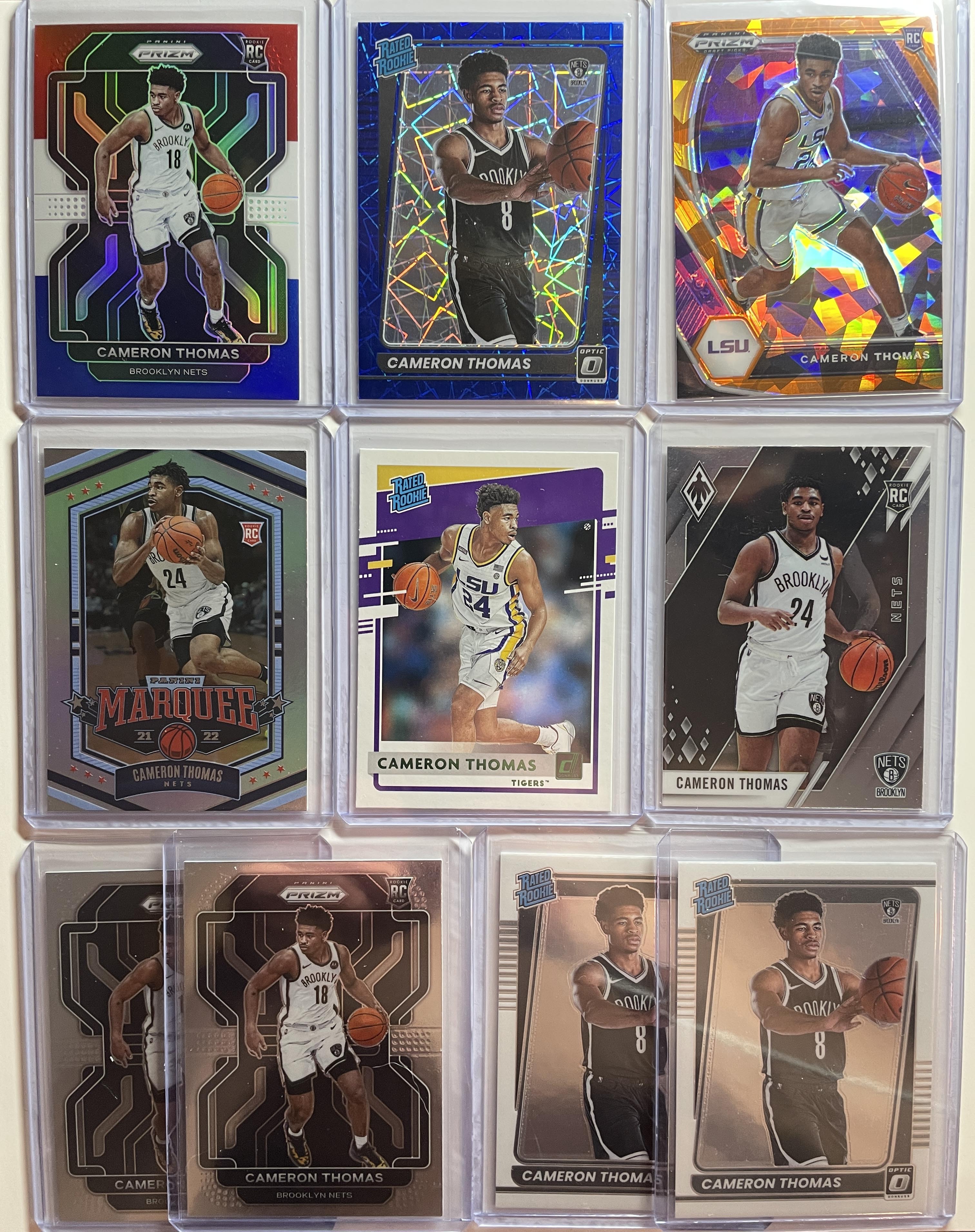 2021-22 Panini Prizm Cameron Thomas RWB + Optic Blue Shock SP Rookie Set (x10)