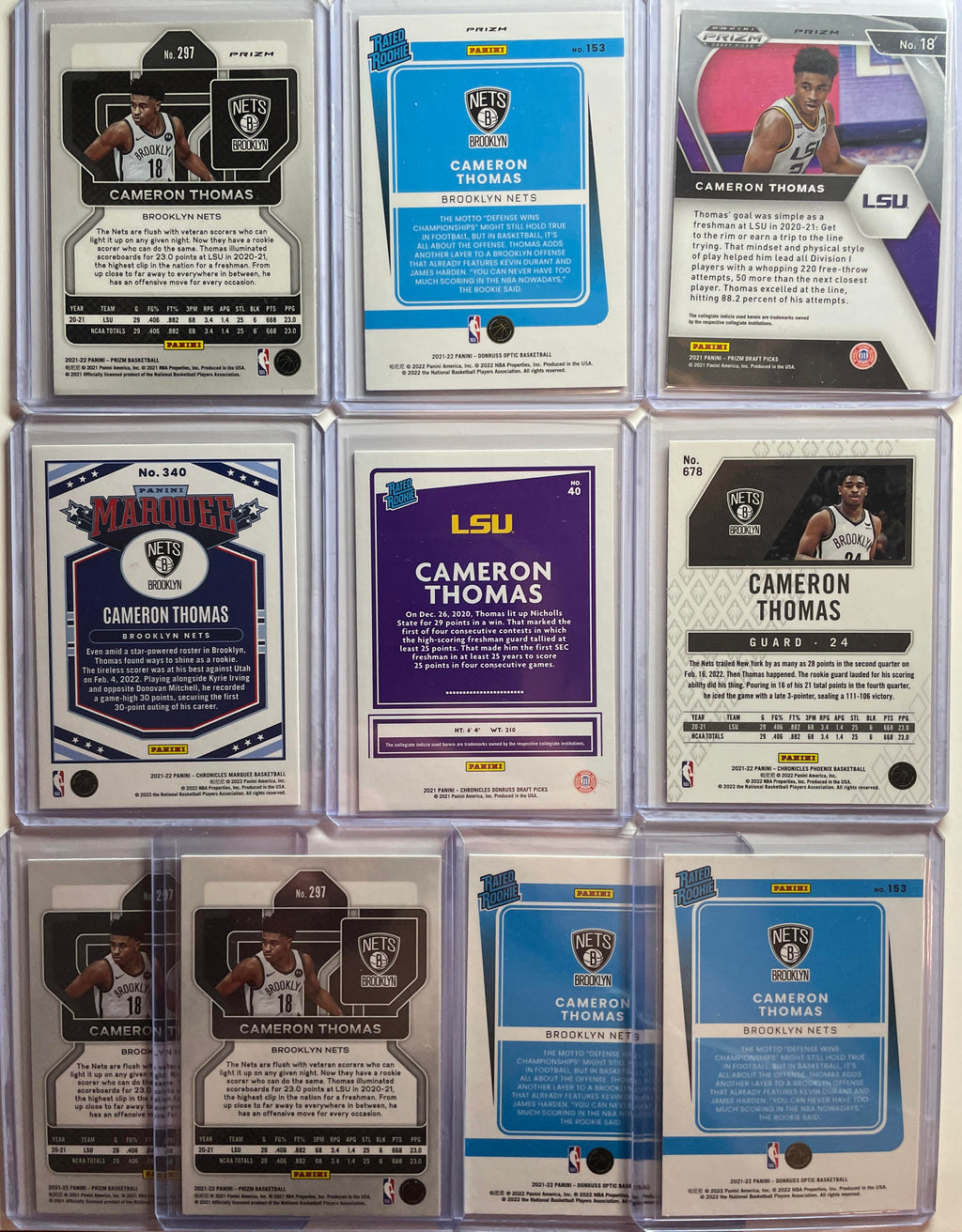2021-22 Panini Prizm Cameron Thomas RWB + Optic Blue Shock SP Rookie Set (x10)