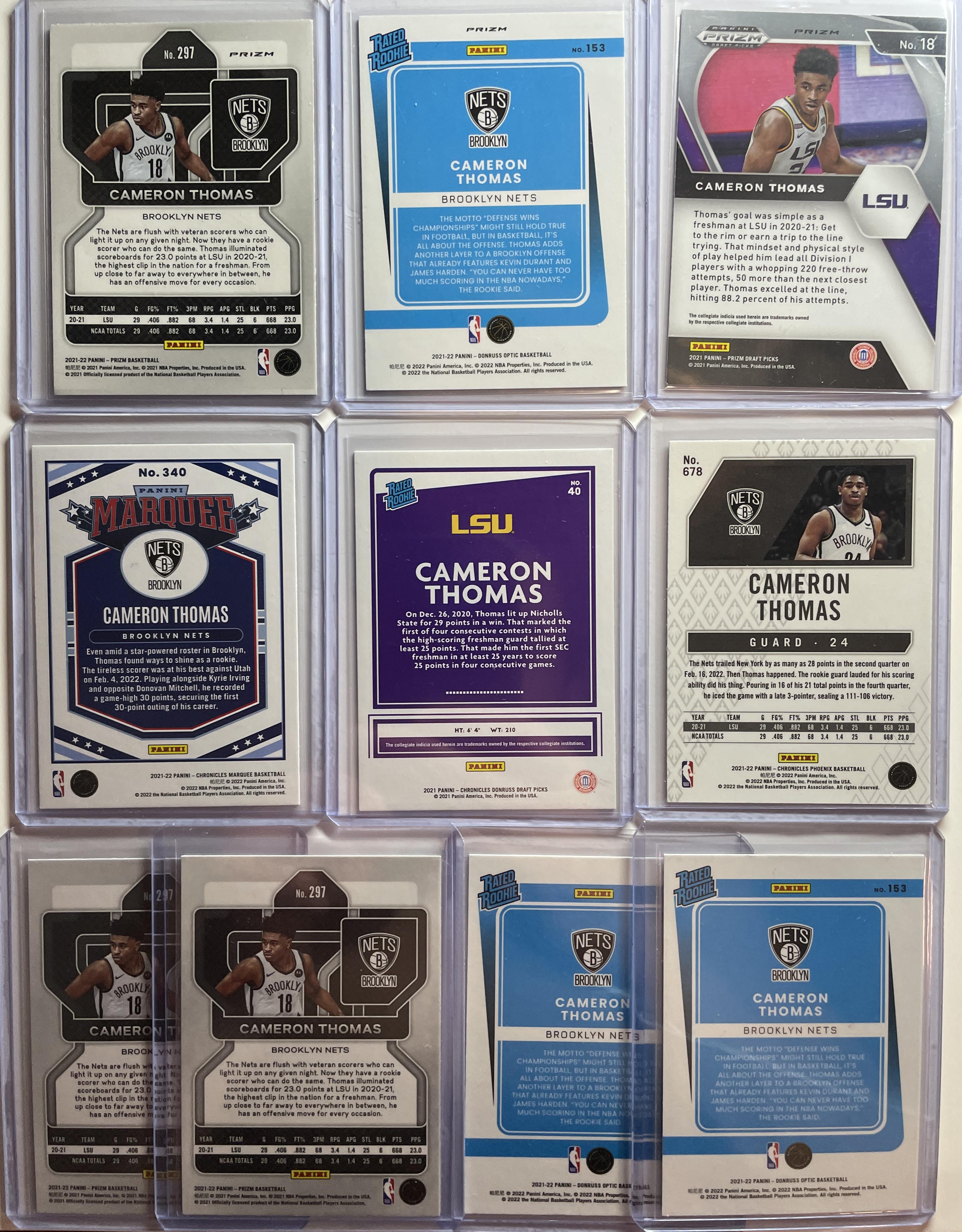 2021-22 Panini Prizm Cameron Thomas RWB + Optic Blue Shock SP Rookie Set (x10)