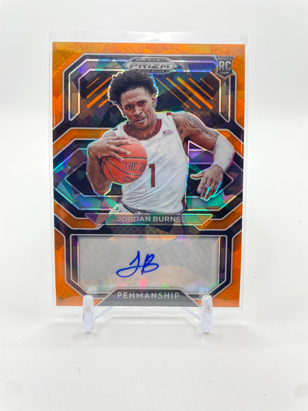 2021-22 Panini Prizm Draft Picks Jordan Burns Penmanship Orange Ice Rookie Auto