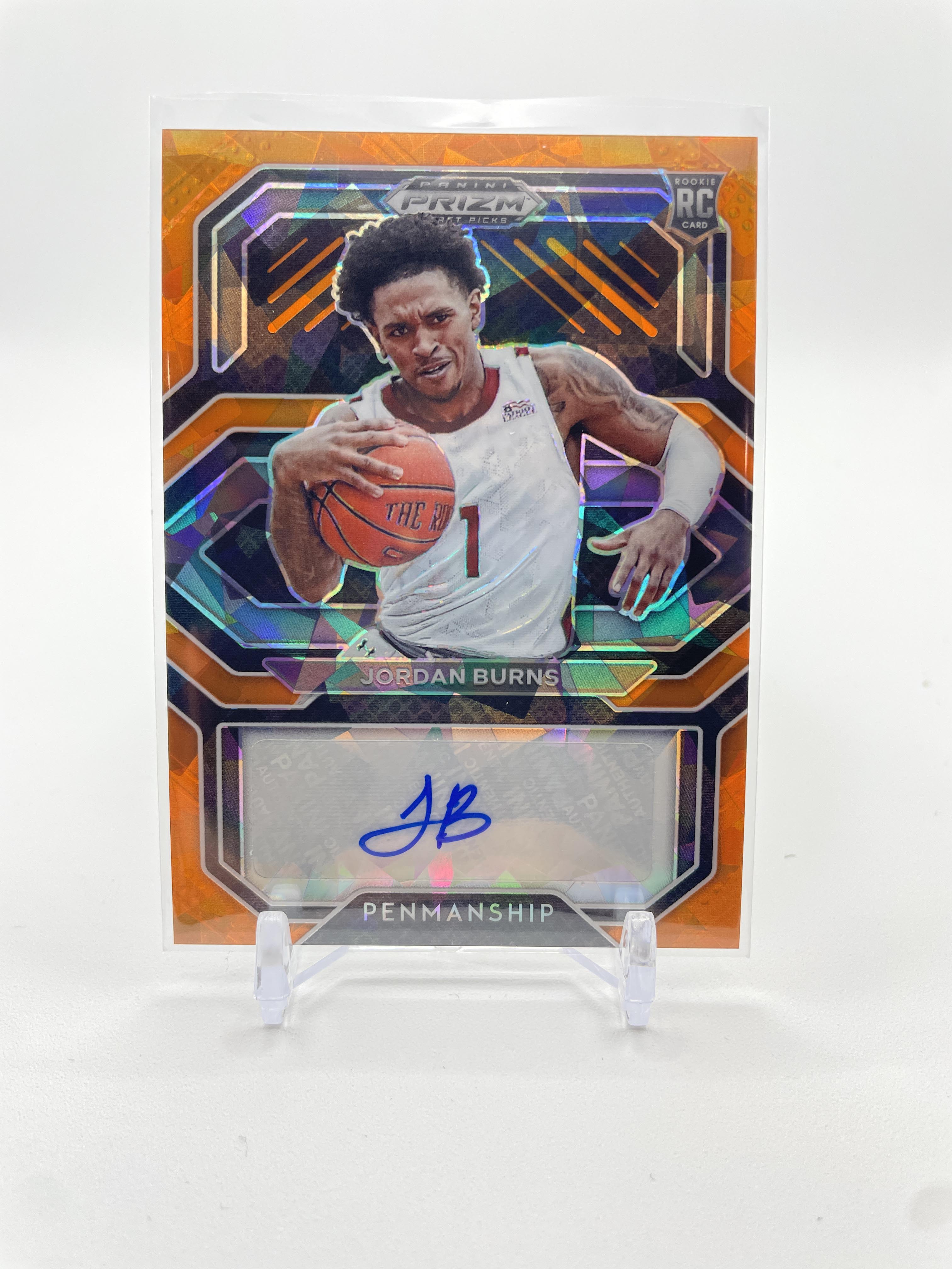 2021-22 Panini Prizm Draft Picks Jordan Burns Penmanship Orange Ice Rookie Auto