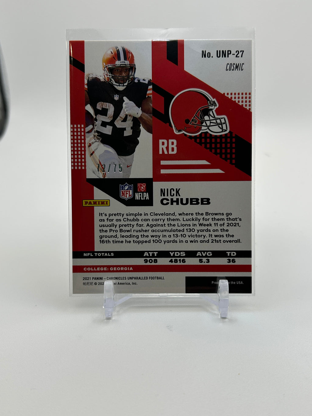 2021 Panini Chronicles Unparalleled Nick Chubb Cosmic /75 SP Error Card