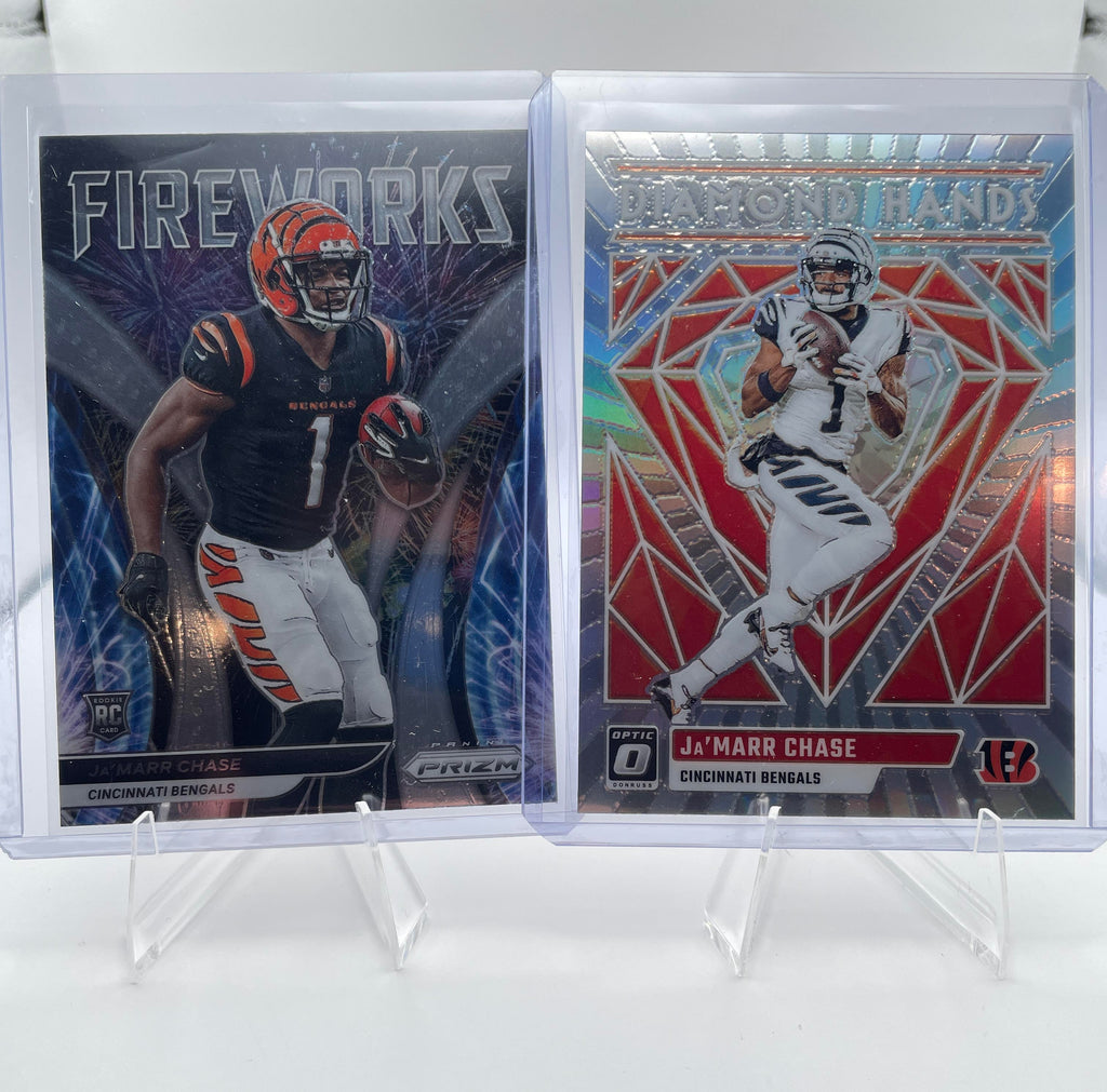 2021 Panini Prizm Ja'Marr Chase Fireworks Prizm Rookie SP + 2023 Optic Diamond