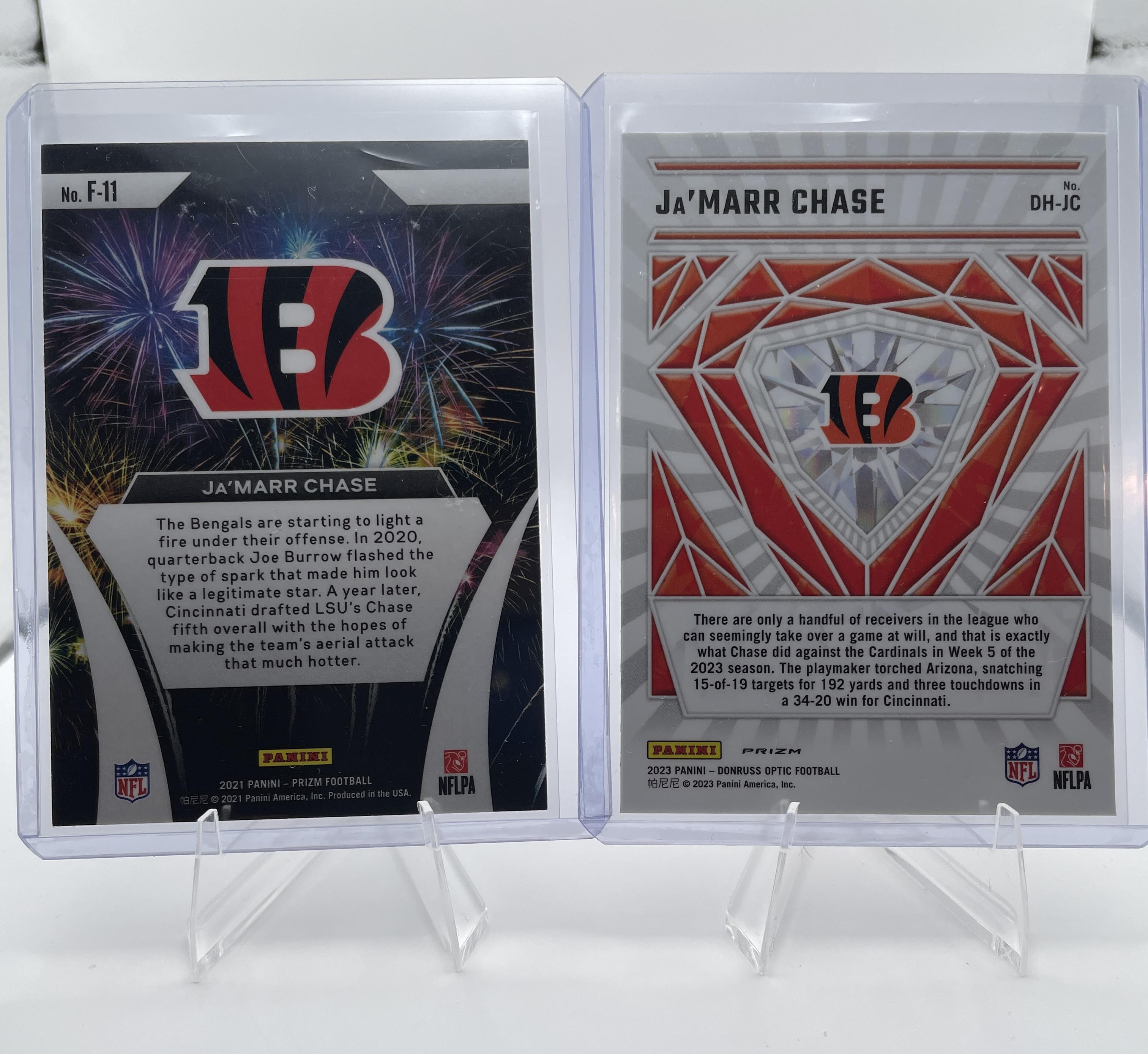 2021 Panini Prizm Ja'Marr Chase Fireworks Prizm Rookie SP + 2023 Optic Diamond