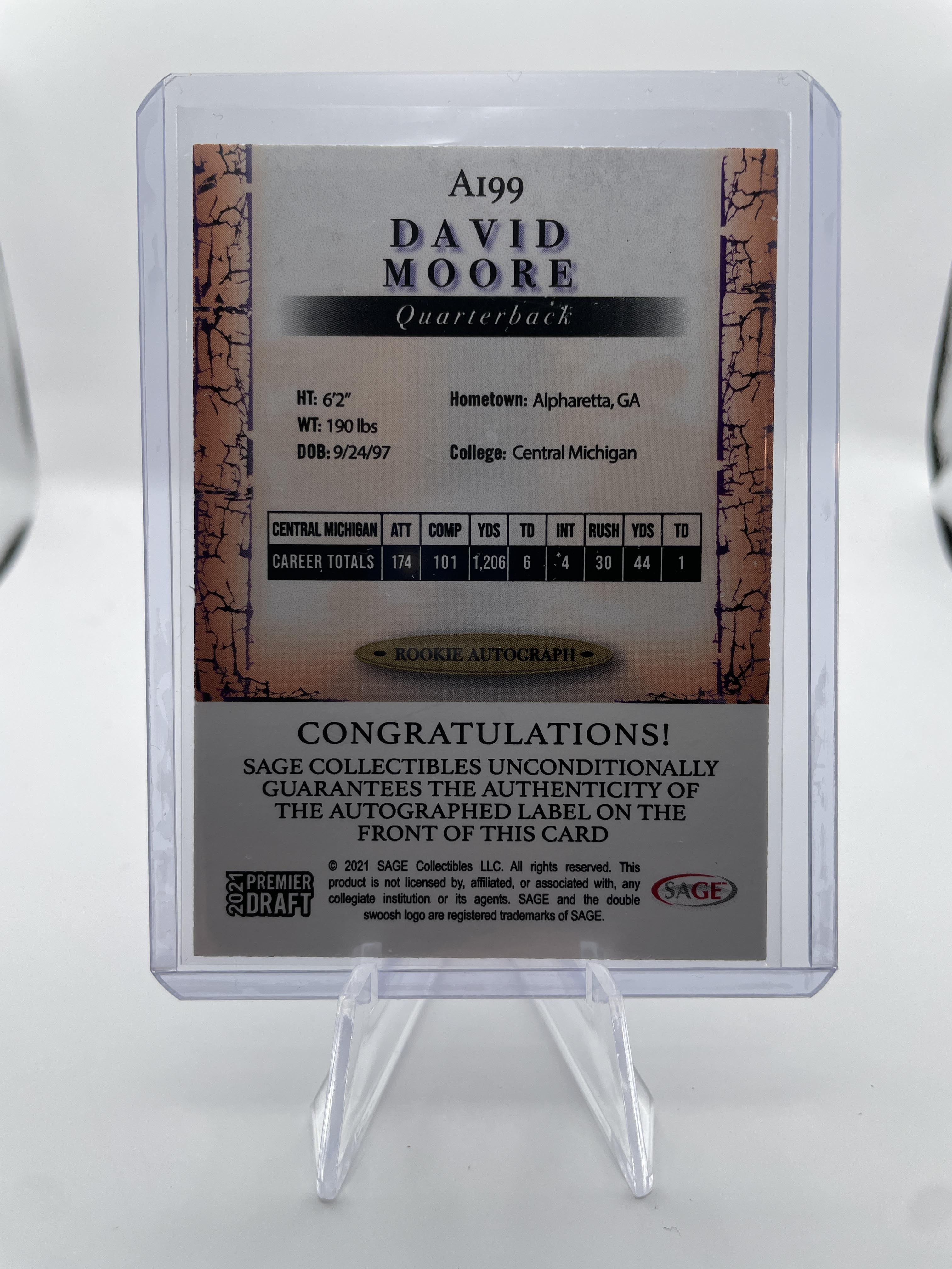 2021 Sage Premier Draft David Moore Red Border Rookie Auto #A199