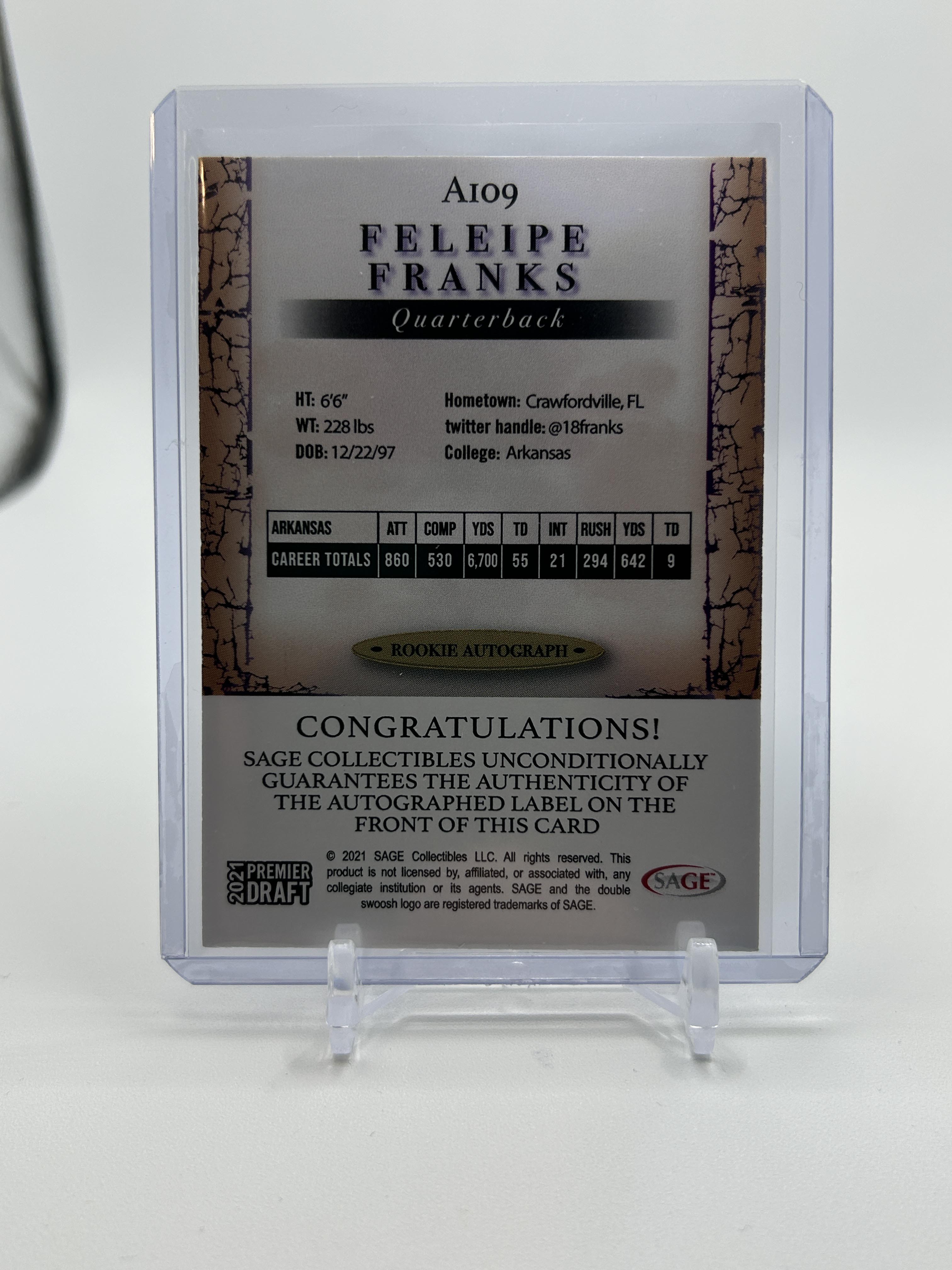 2021 Sage Premier Draft Feleipe Franks Black Rookie Auto