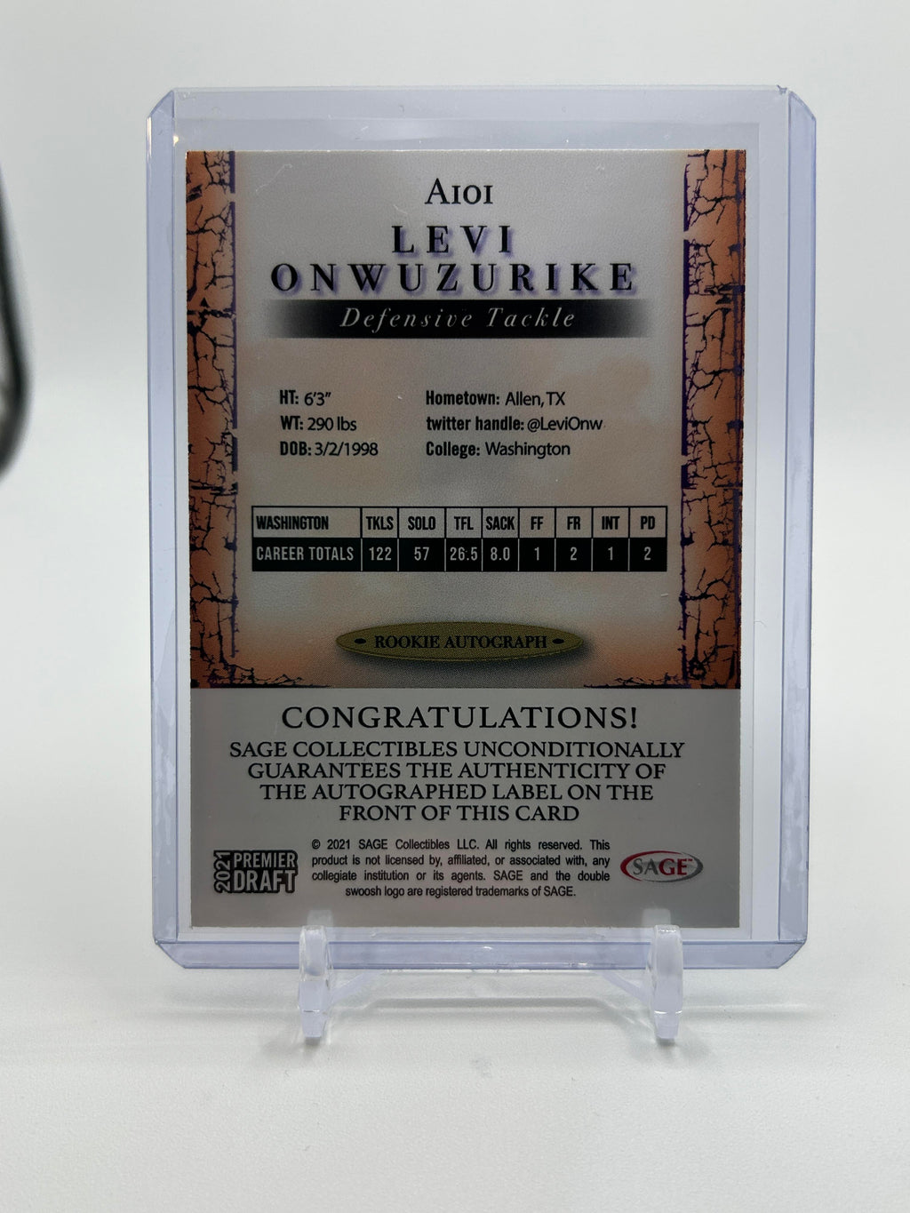 2021 Sage Premier Draft Levi Onwuzurike Red Rookie Auto