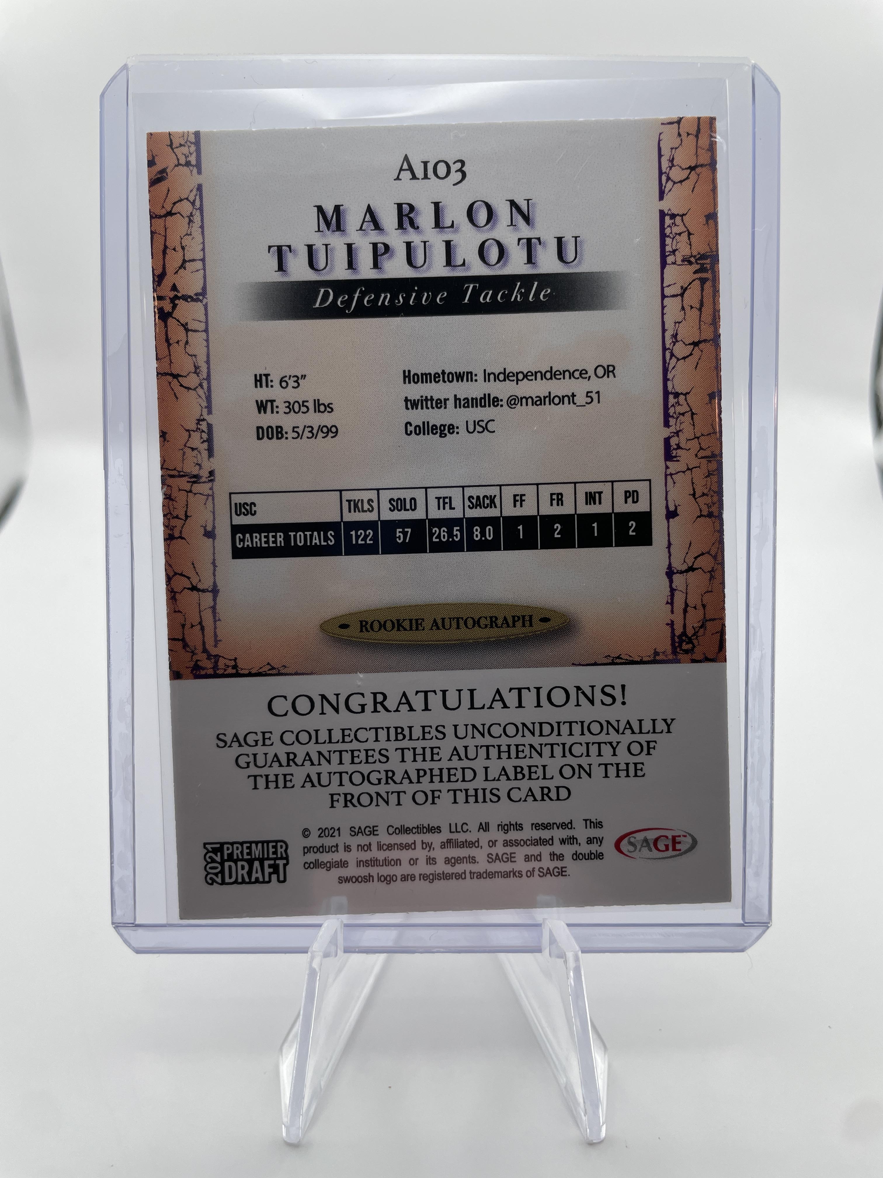 2021 Sage Premier Draft Marlon Tuipulotu Red Border Rookie Auto #A103