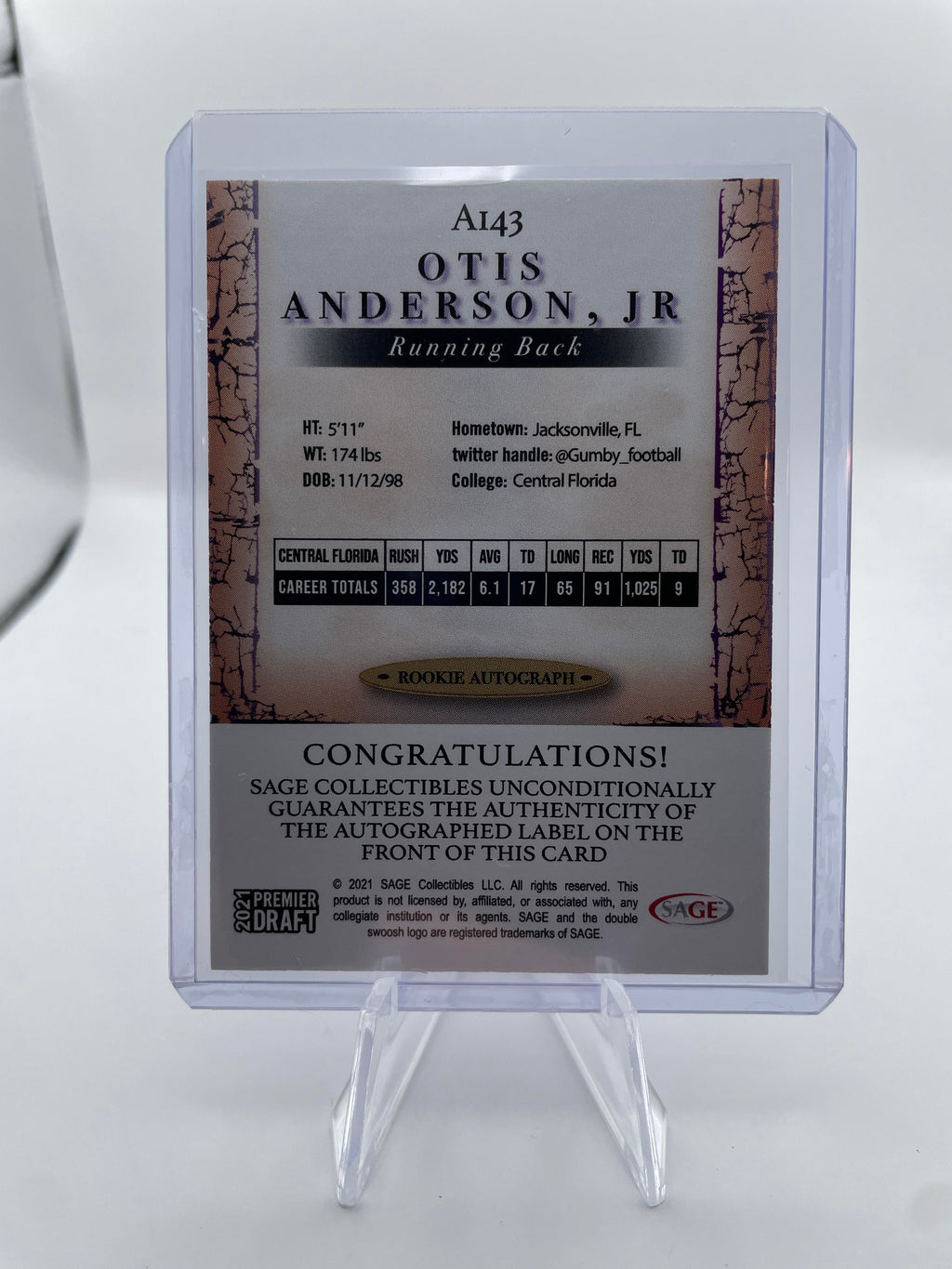 2021 Sage Premier Draft Otis Anderson Jr. Red Border Rookie Auto #A143