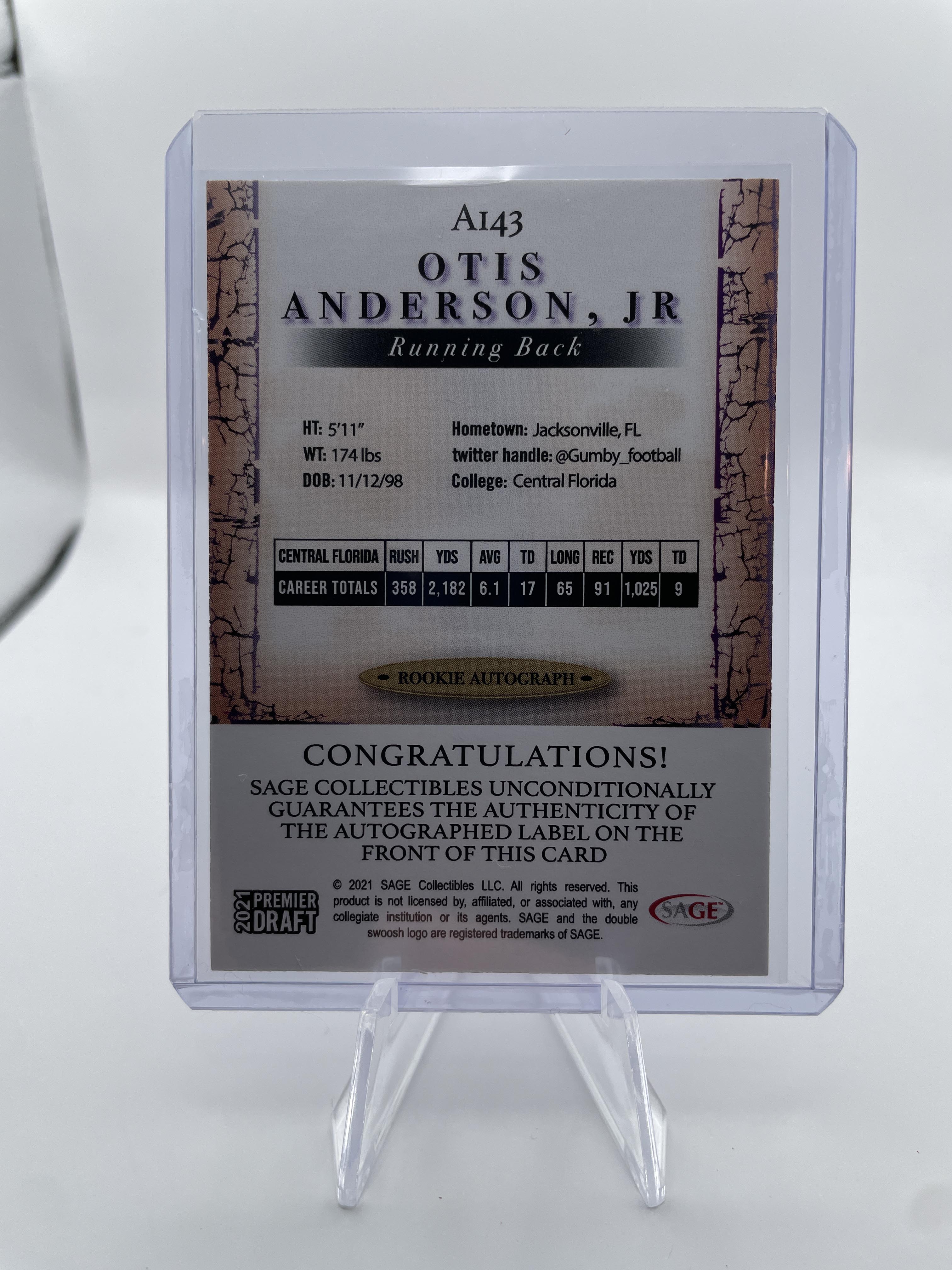 2021 Sage Premier Draft Otis Anderson Jr. Red Border Rookie Auto #A143