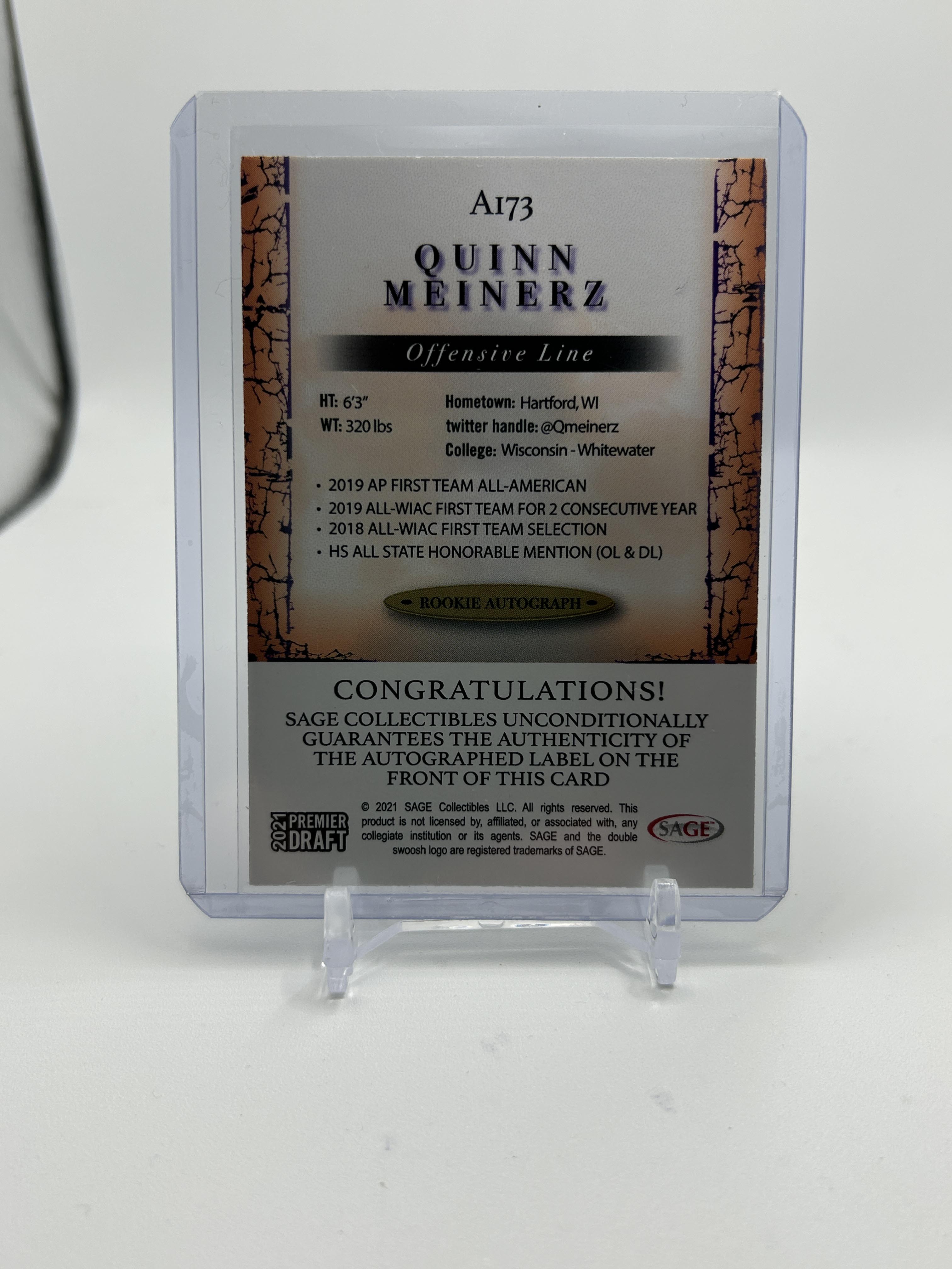 2021 Sage Premier Draft Quinn Meinerz Black Rookie Auto