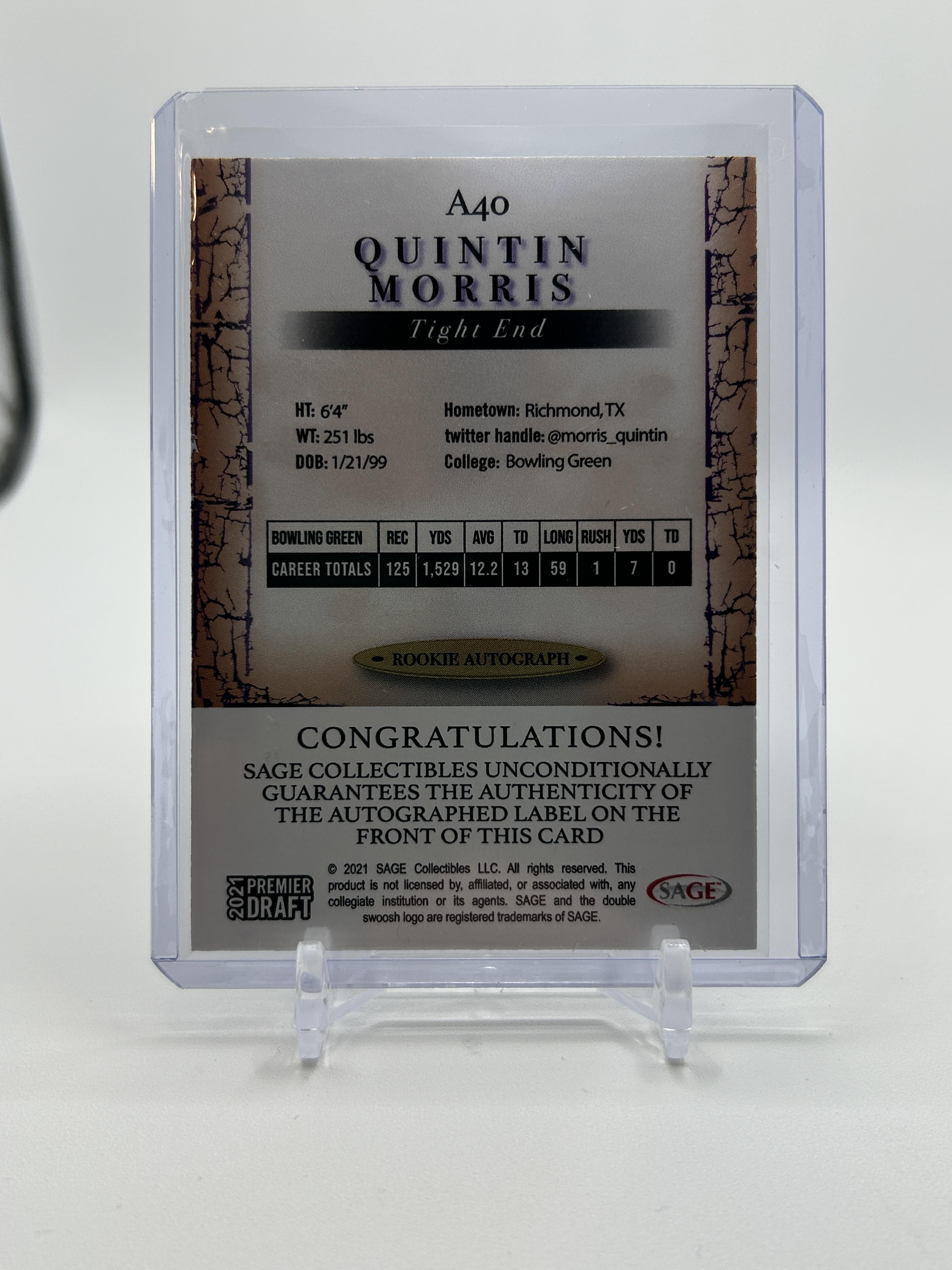2021 Sage Premier Draft Quintin Morris Red Rookie Auto