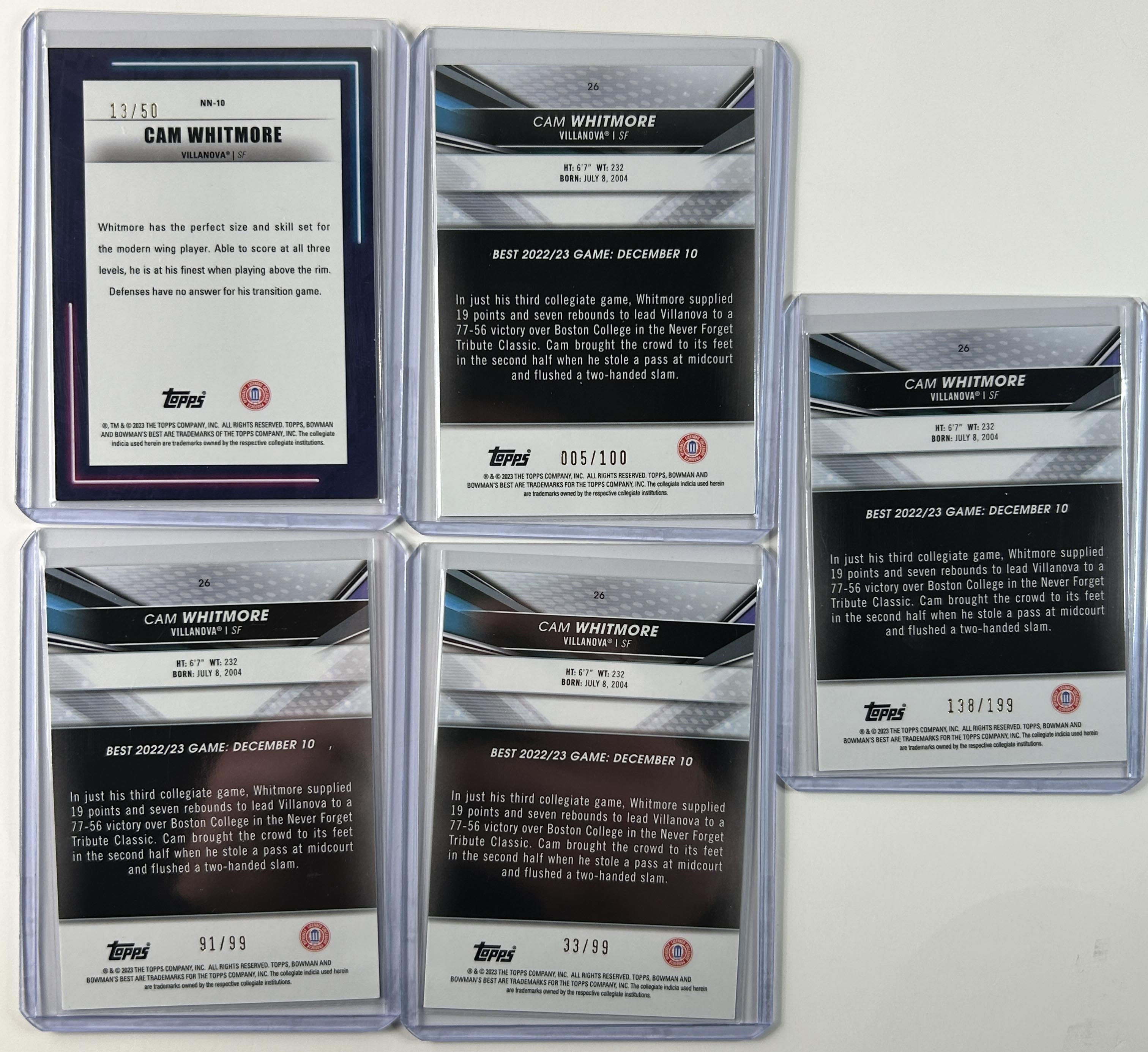 2022-23 Bowman U Best Cam Whitmore Neon Lava /50 Green /99 Pink /100 Set (x5)