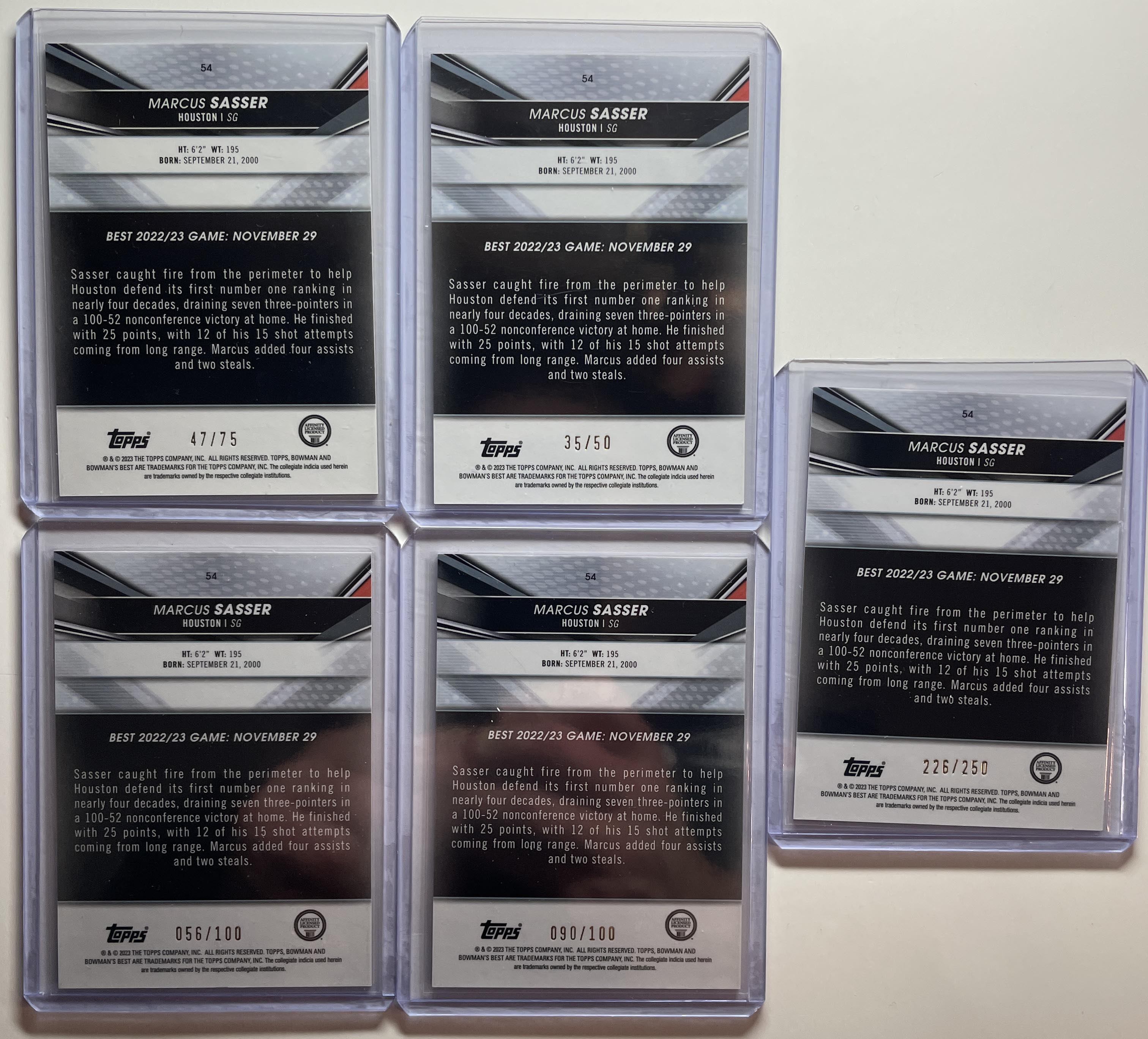 2022-23 Bowman U Best Marcus Sasser Gold Refractor /50 Lava /75 /100 Set (x5)