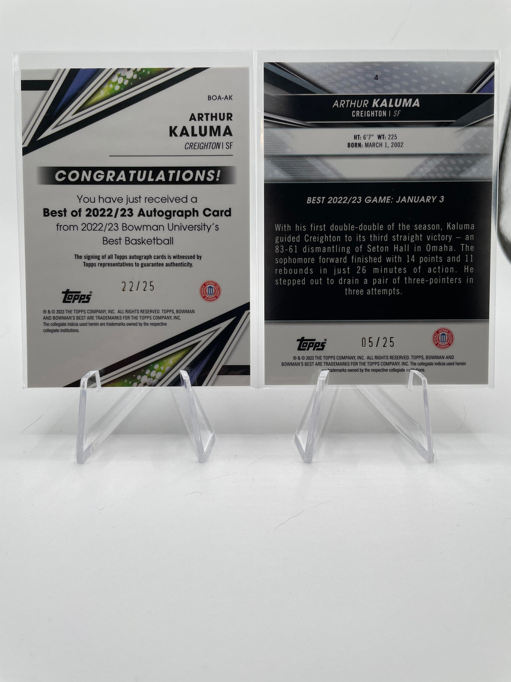 2022-23 Bowman University Best Arthur Kaluma Speckle Auto /25 + Orange Refractor