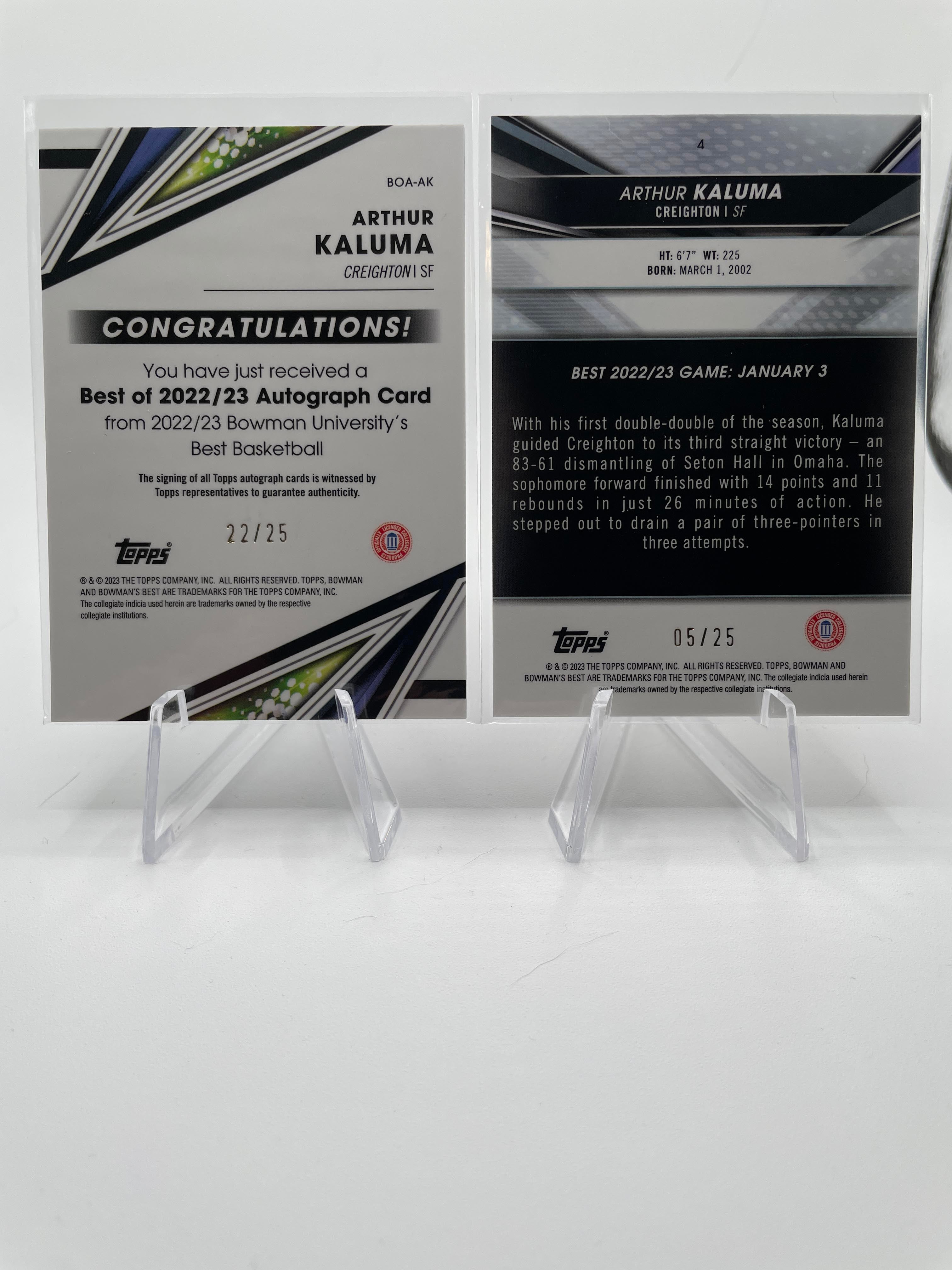 2022-23 Bowman University Best Arthur Kaluma Speckle Auto /25 + Orange Refractor