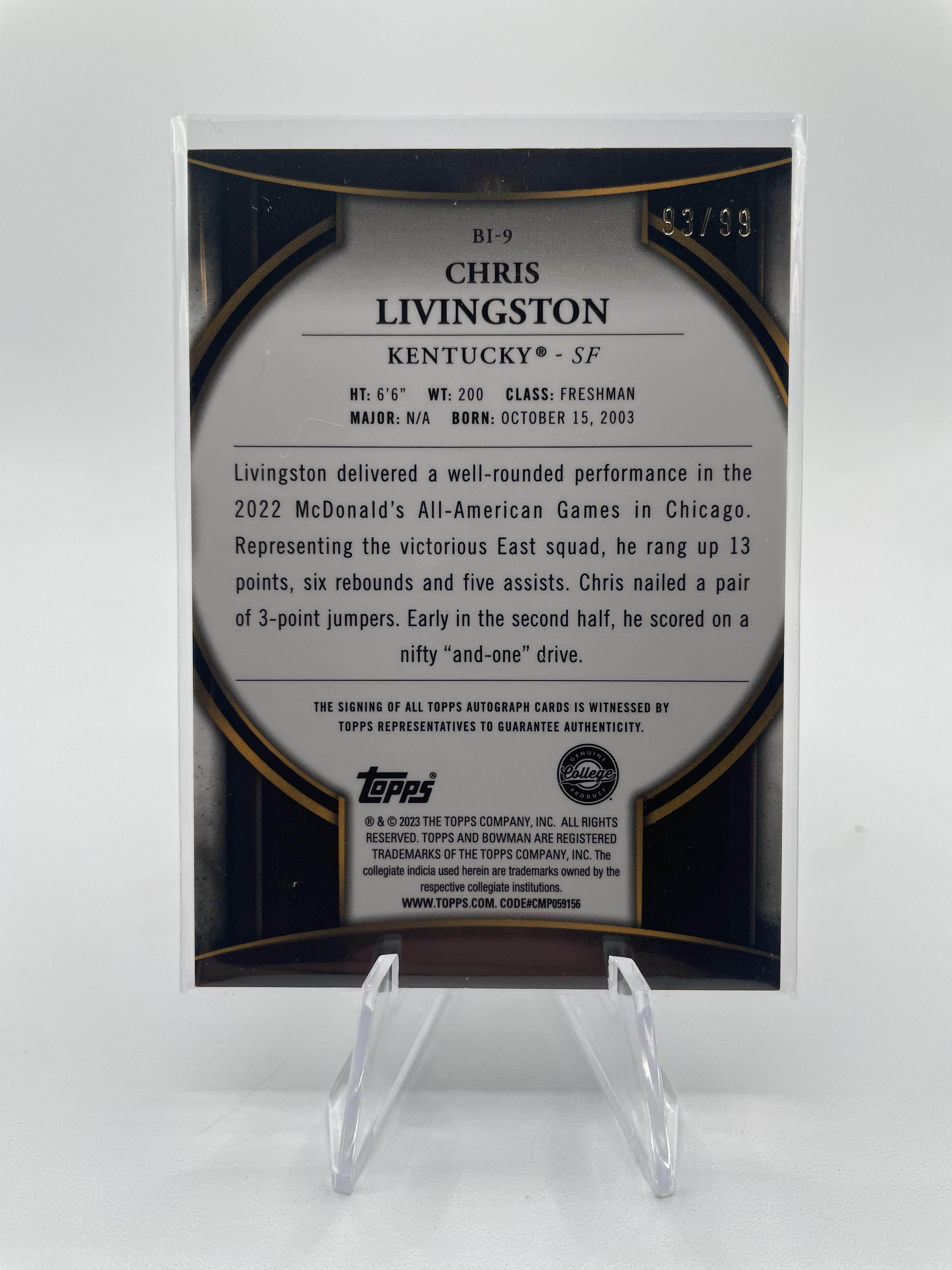 2022-23 Bowman University Best Chris Livingston Invicta Refractor Auto /99