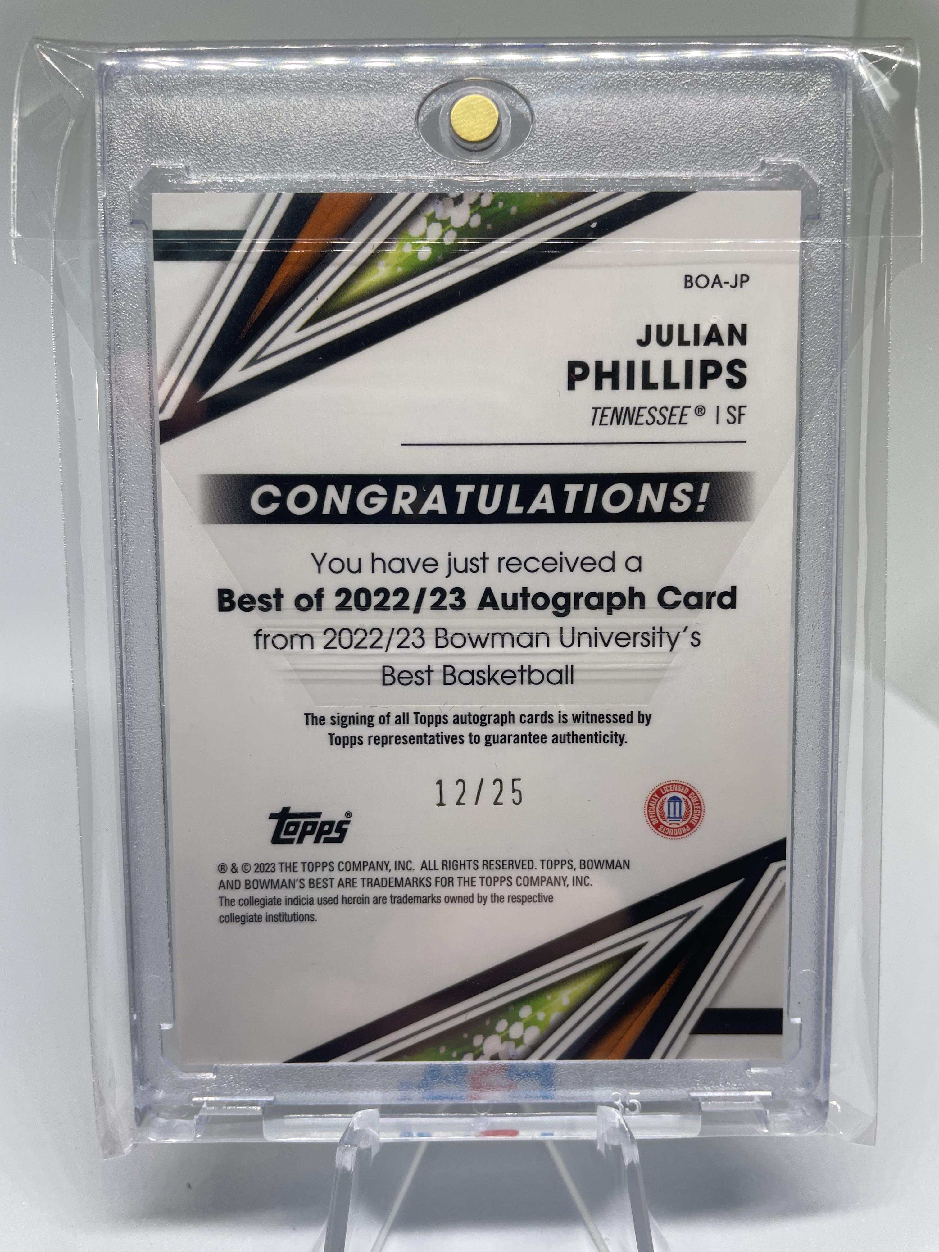 2022-23 Bowman University Best Julian Phillips Speckle Refractor Auto /25
