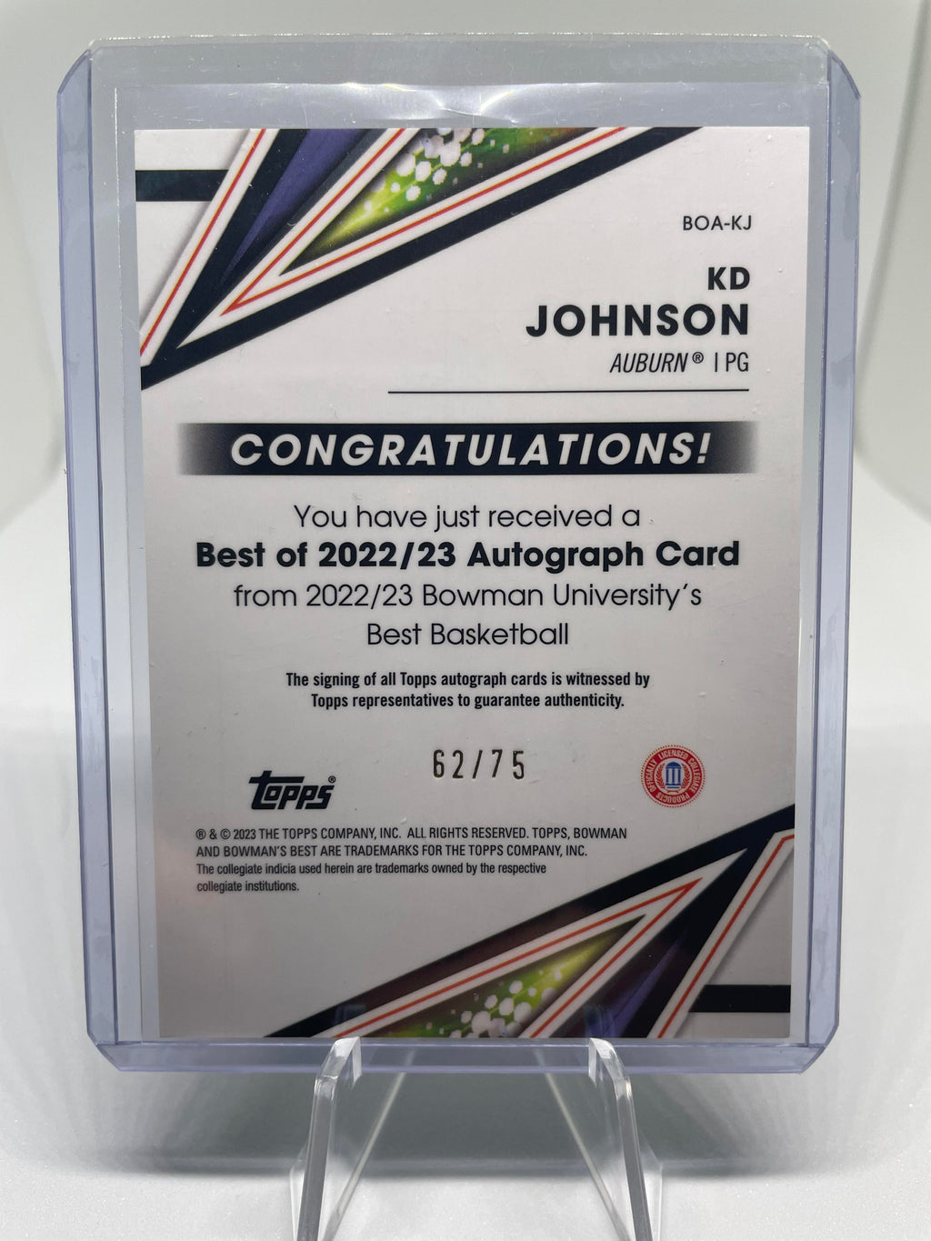 2022-23 Bowman University Best KD Johnson Gold Lava Refractor Auto /75